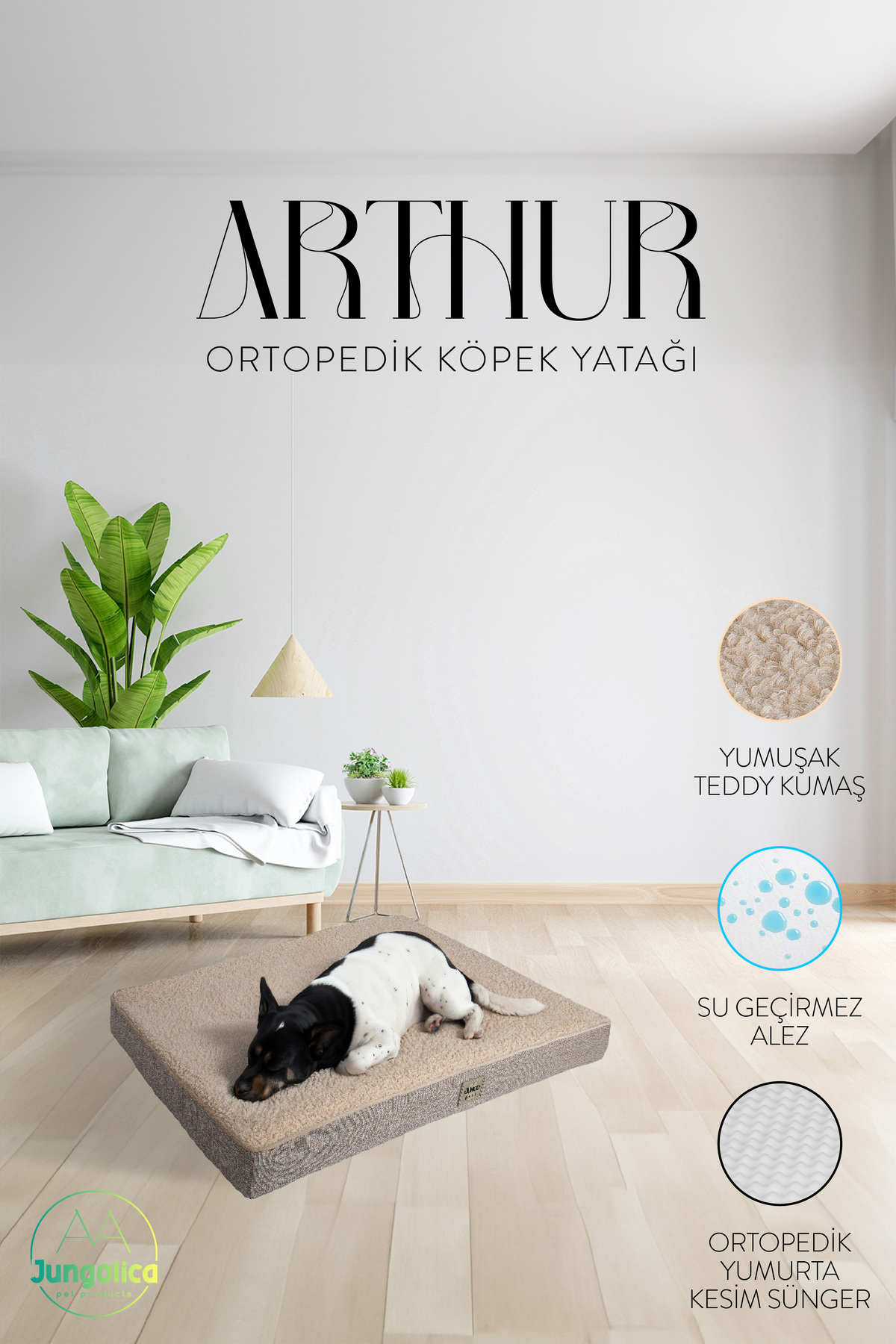 تخت خانگی گربه و سگ جونگولیکا Jungolica Pet Products Jungolica مدل Arthur با فوم ویسکو و روکش جداشونده و ضدآب بژ