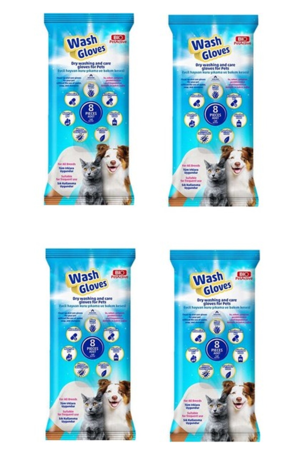 دستکش شست‌وشوی خشک و مراقبت حیوانات خانگی بایو پت اکتیو Bio Pet Active، ۴ بسته ۸ عددی