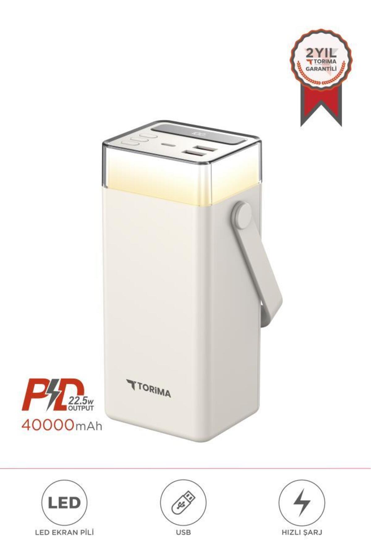 پاوربانک TRM 1041 سفید 40000 میلی آمپر ساعتی TYPE C LIGHTNING 22.5 W شارژ سریع RGB LED LIGHT اورجینال Torima