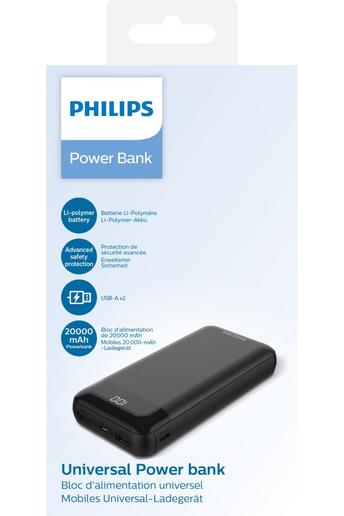 پاوربانک DLP2720 00 20000 ماه 2 X USB A 2.1A C 2.0 با نشانگر برق LCD اورجینال Philips