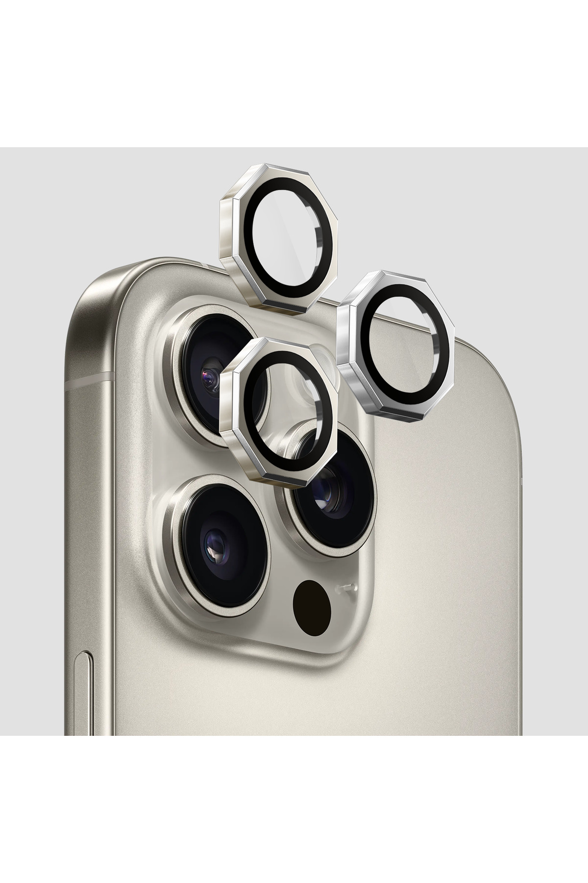 محافظ لنز دوربین خاکستری تیتانیوم مربعی هشت ضلعی سازگار با APPLE IPHONE 15 PRO &amp; MAX فیبکس Fibaks