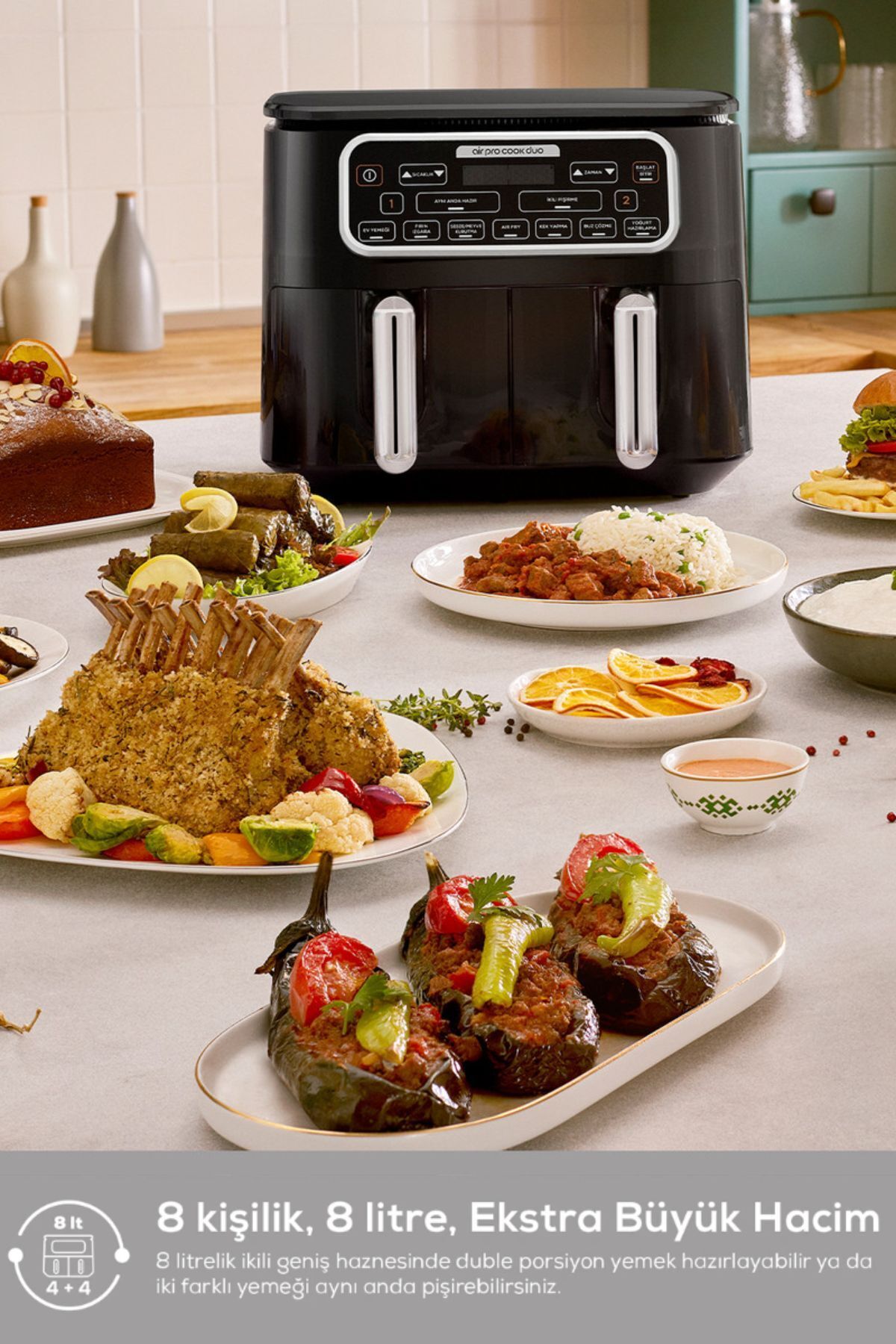 سرخ کن AIR COOK DUO غذای خانگی XXXL 4+4 لیتری AIRFRYER STARLIGHT برای 8 نفر اورجینال Karaca