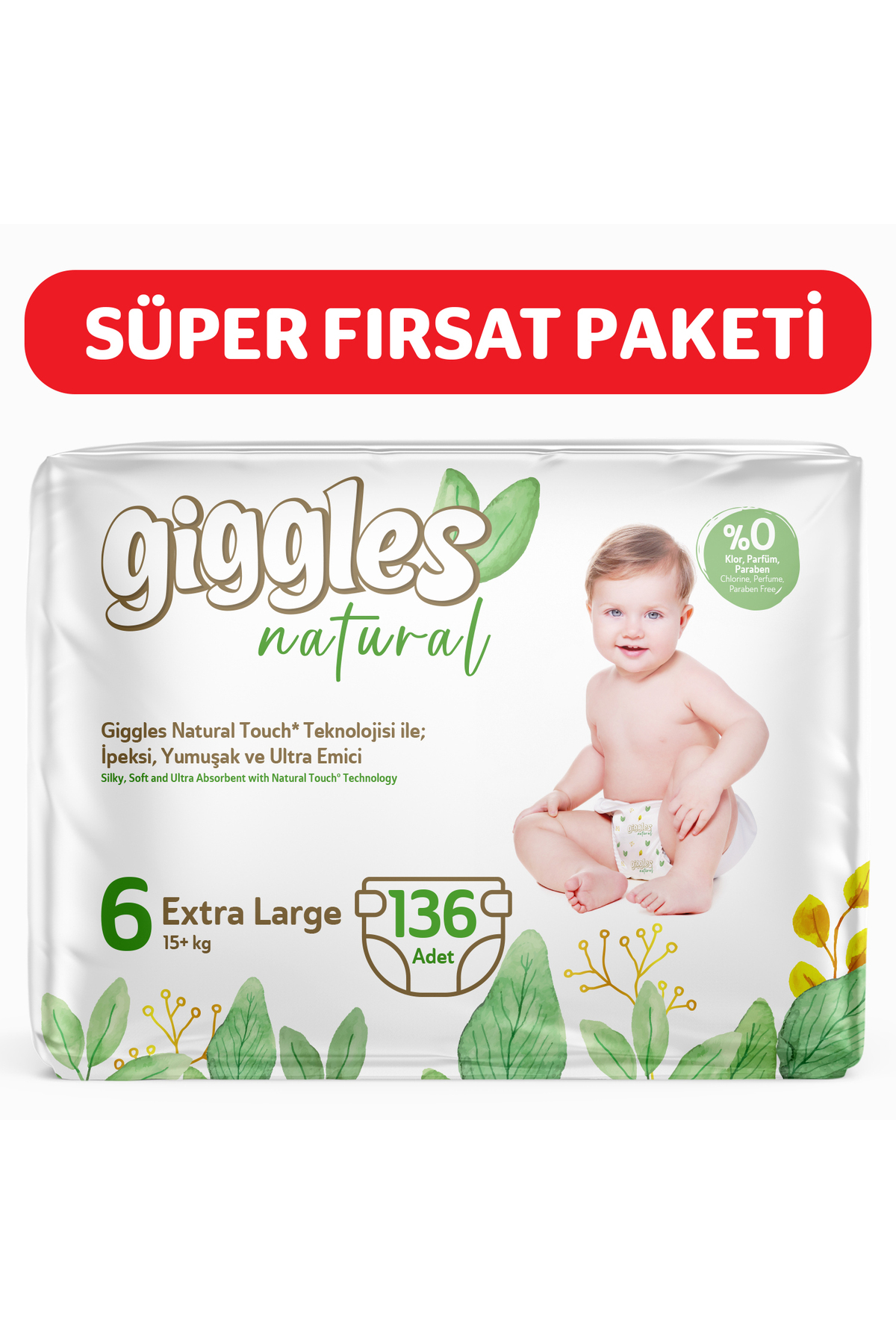 پوشک بچه نخی سایز طبیعی 6 جونیور پلاس 136 عدد اورجینال giggles