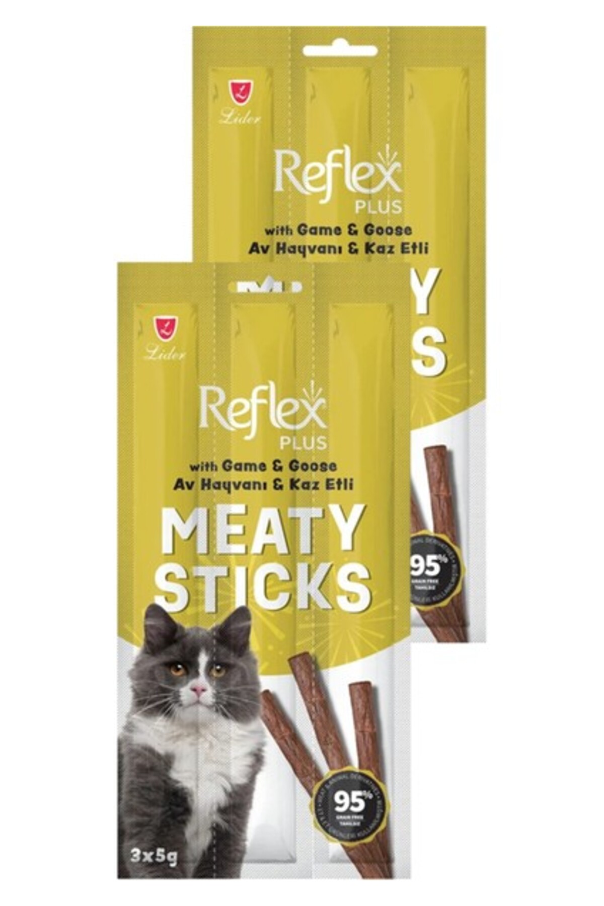 تشویقی استیکی گربه رفلکس Reflex Plus Meaty Sticks با گوشت شکار و غاز، ۳×۵ گرم، بسته دوتایی
