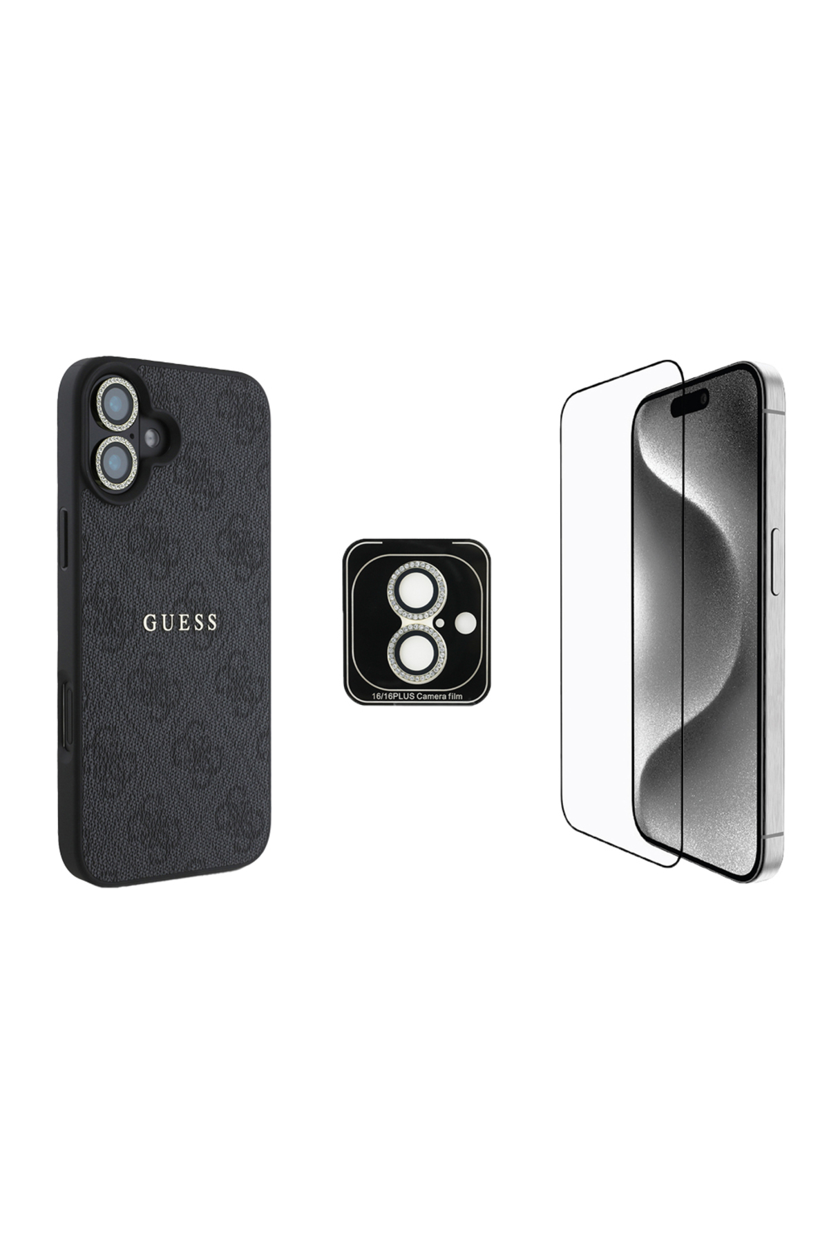 کاور و قاب IPHONE 16 GUESS دارای مجوز ست لوازم جانبی 3 تکه محافظ صفحه نمایش لنز مشکی اورجینال Guess