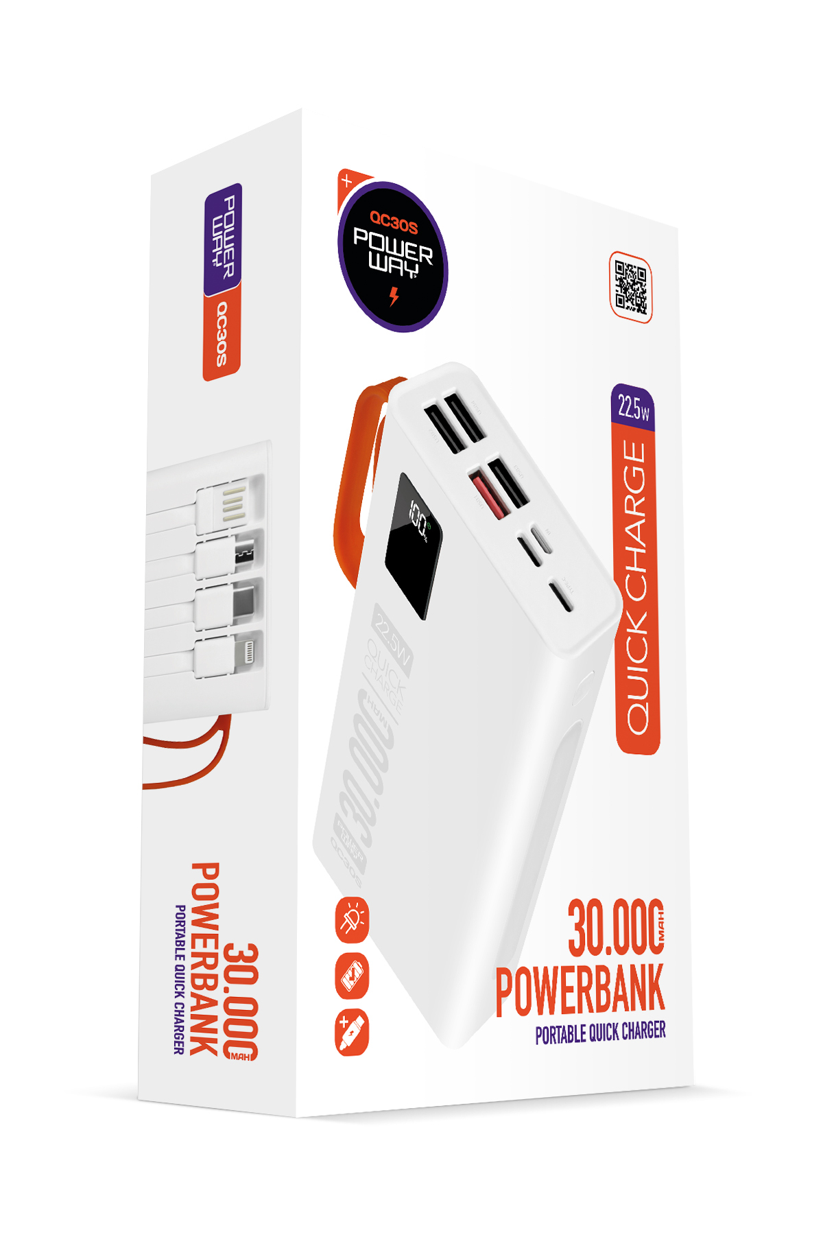 پاوربانک سفید QC30S 30.000 ماه PD 22.5W توکار چراغ قوه ال ای دی شارژ سریع سیمی واقعی اورجینال Powerway