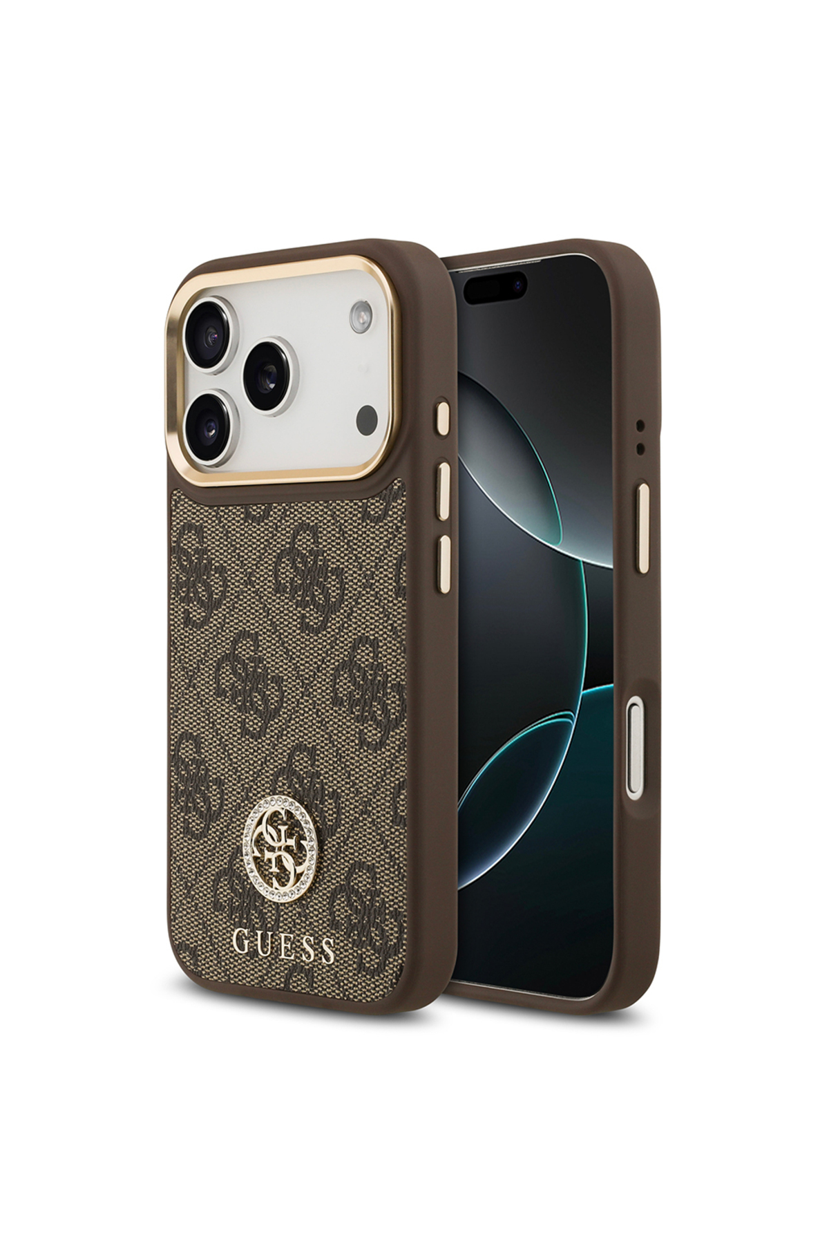 کاور و قاب سازگار با IPHONE 17 PRO دارای مجوز شارژ M SAFE دوربین طلایی STONED 4G LOGO قهوه ای اورجینال Guess