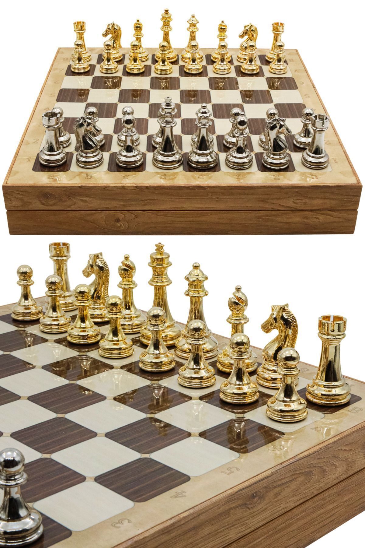 شطرنج ست کلاسیک فلزی 36 سانتی متری الگانت با جعبه چوبی | طرح دار بلوط شکل نقره ای طلایی Cooper Chess