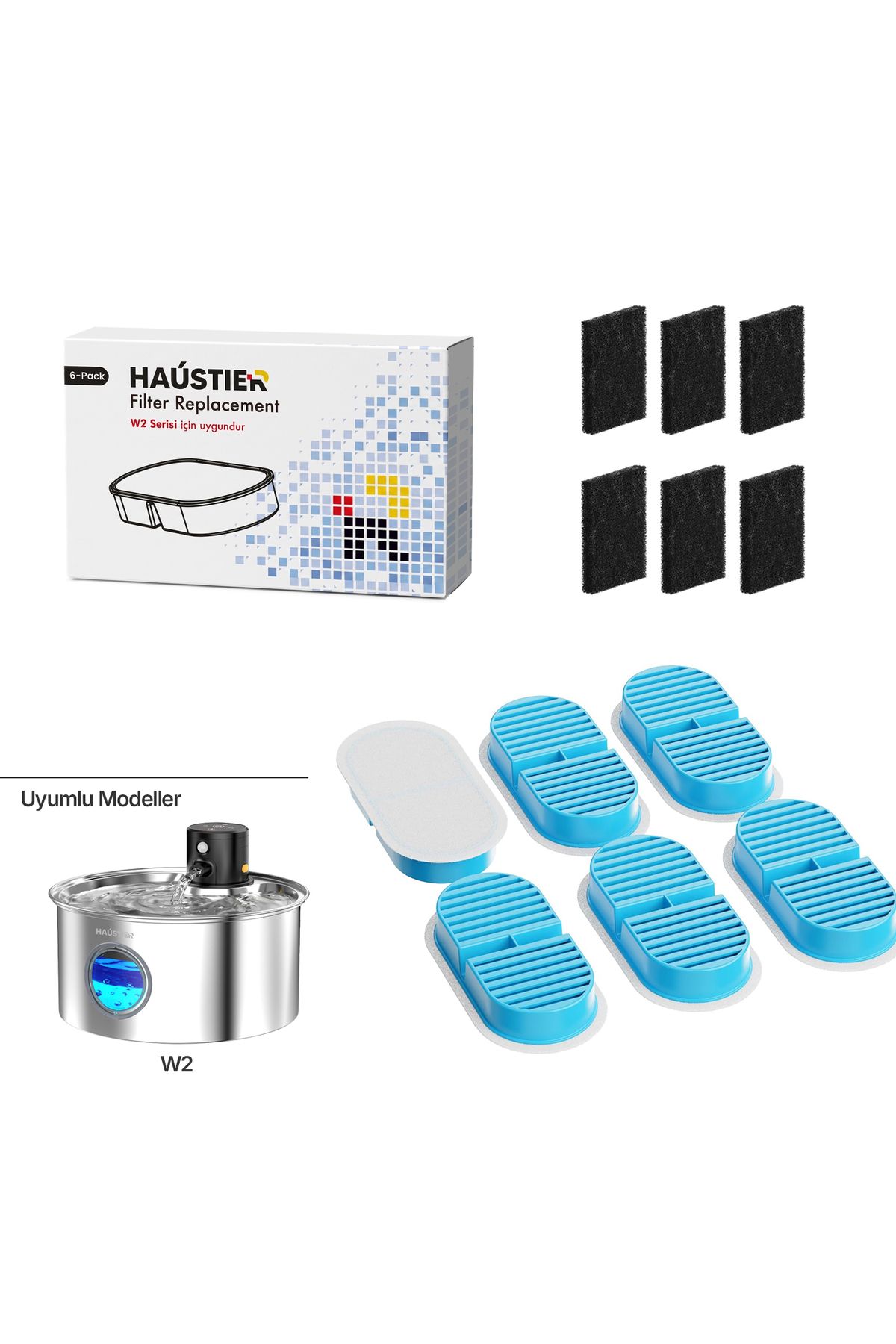 ست ۶ عددی فیلتر آب‌خوری اتوماتیک گربه هاوستیر Haustier، سازگار با W2، مدل HST-W2-Filtre