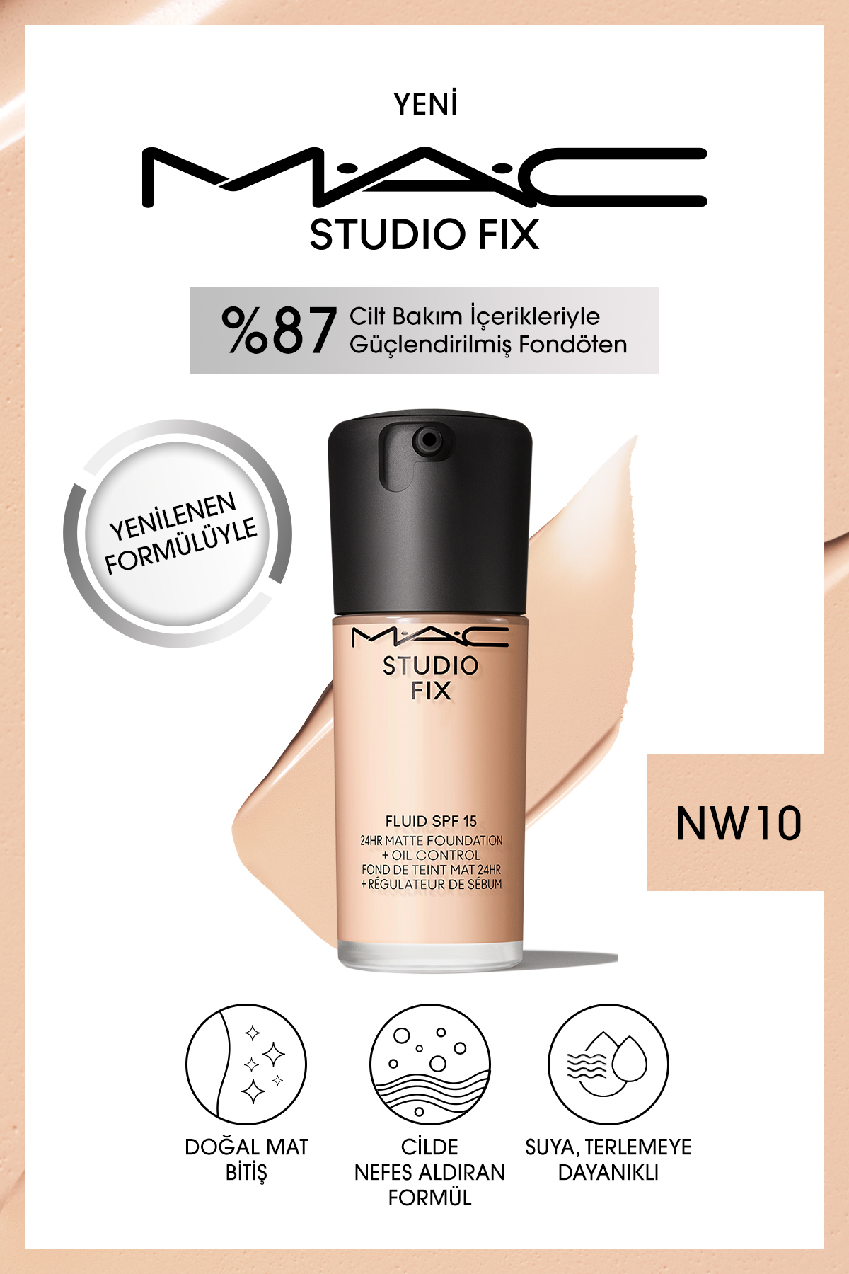 کرم پودر بنیاد دائمی مت تا 24 ساعت استودیو رفع سیال SPF15 رنگ: NW10 30ML Mac