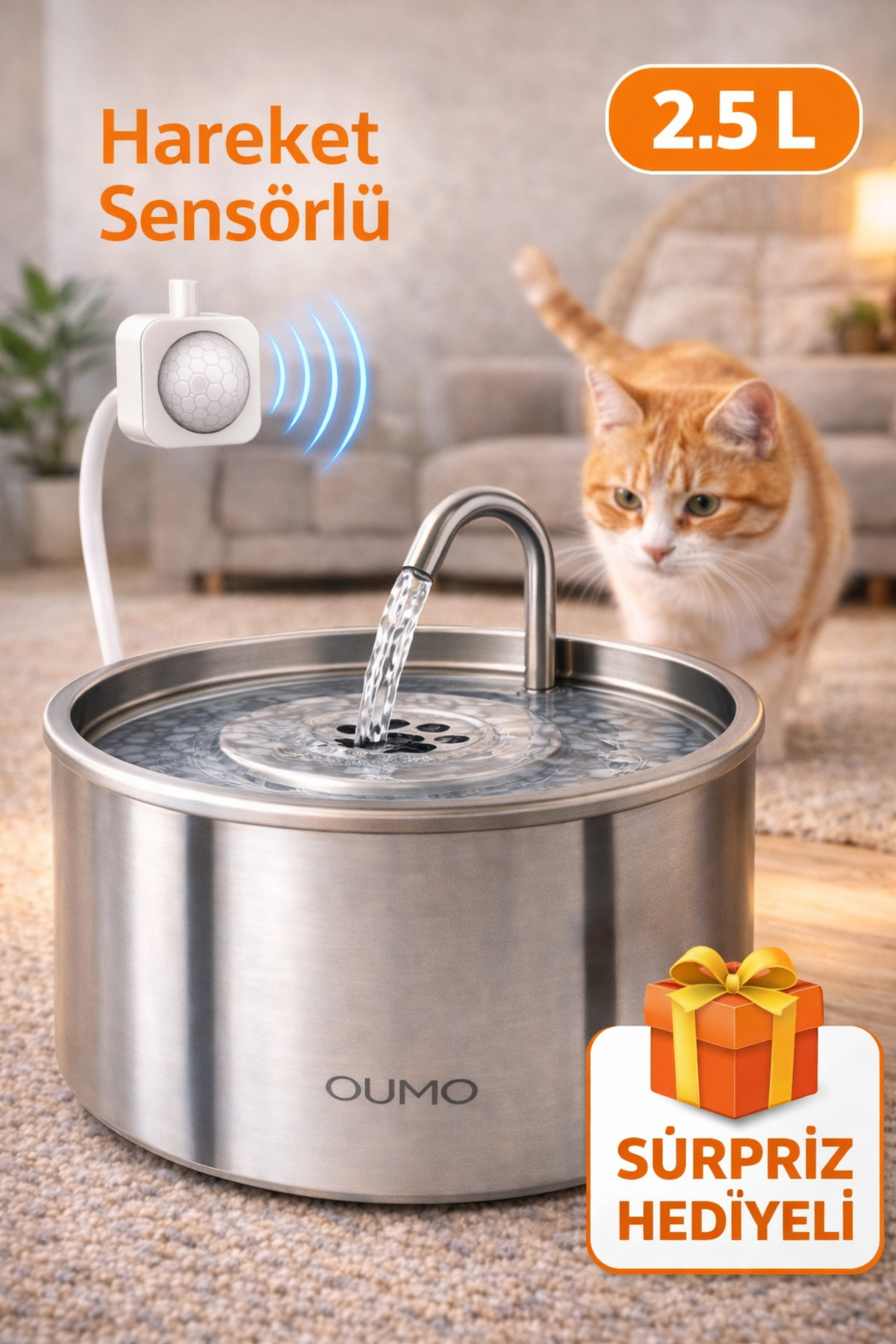 آبخوری خودکار گربه و سگ اومو Oumo، استیل ۲٫۵ لیتری با حسگر حرکتی و فیلتر 2.5L