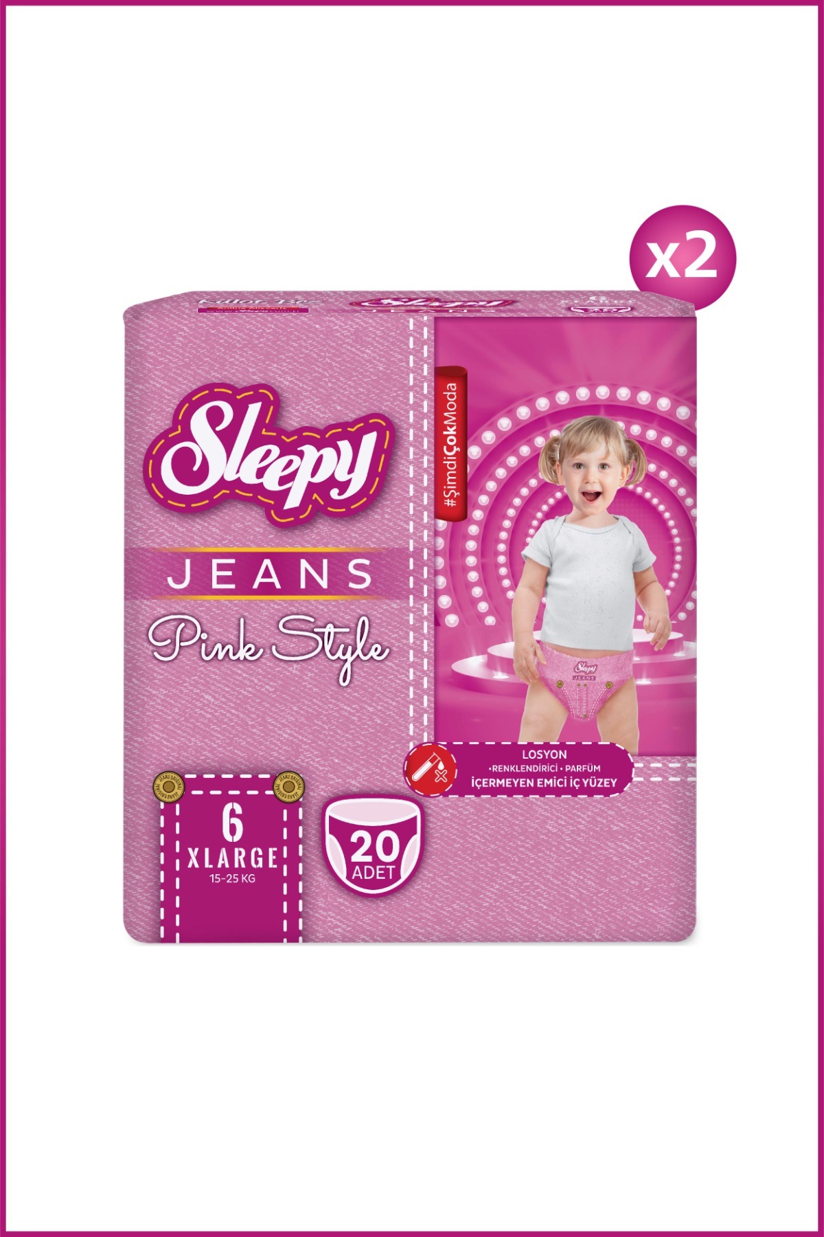 پوشک بچه شلواری جین صورتی سایز 6 XLARGE 2 تکه جامبو 40 تیکه اورجینال Sleepy