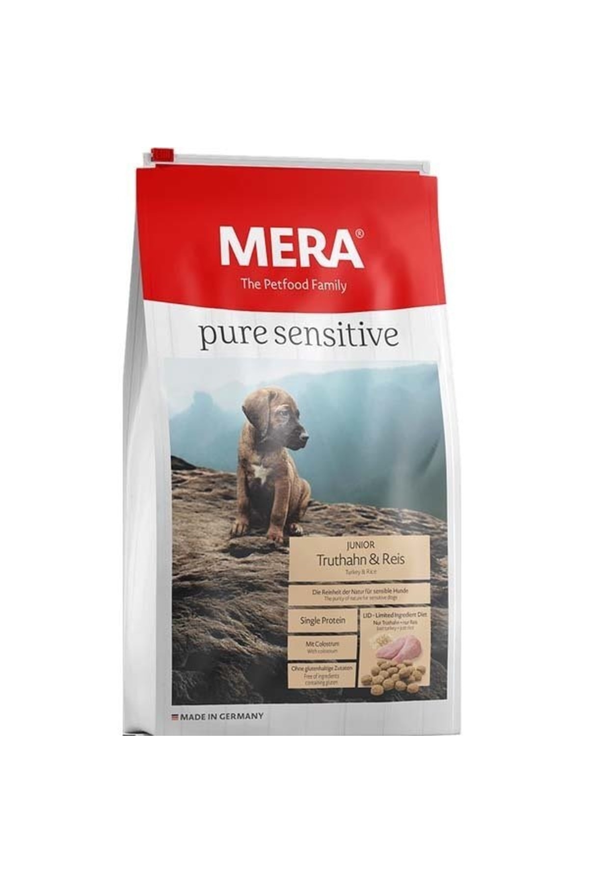 غذای خشک توله‌سگ با بوقلمون مرا Mera The Petfood Family، سری Pure Sensitive Junior، ۴ کیلوگرم