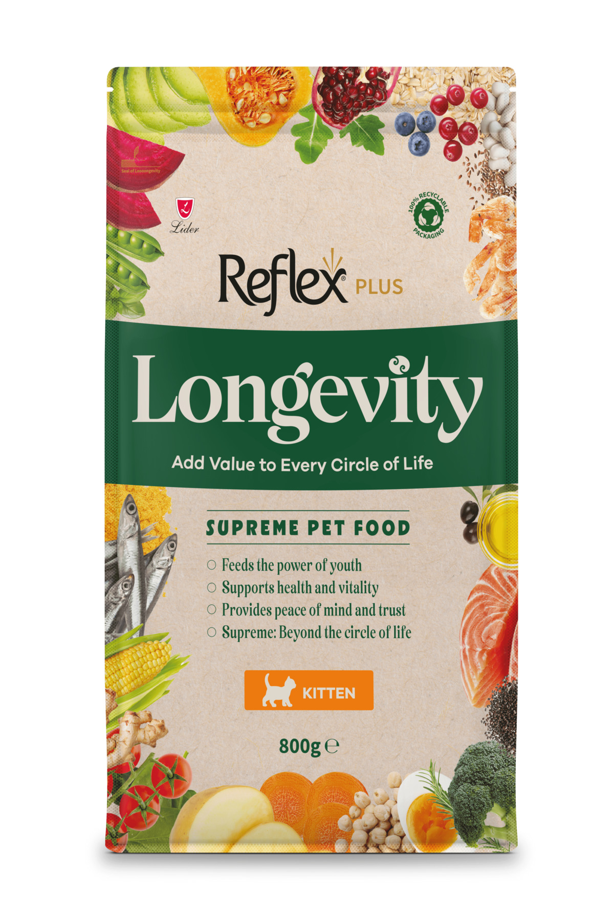 غذای خشک بچه‌گربه رفلکس Reflex Plus Longevity، ۸۰۰ گرم