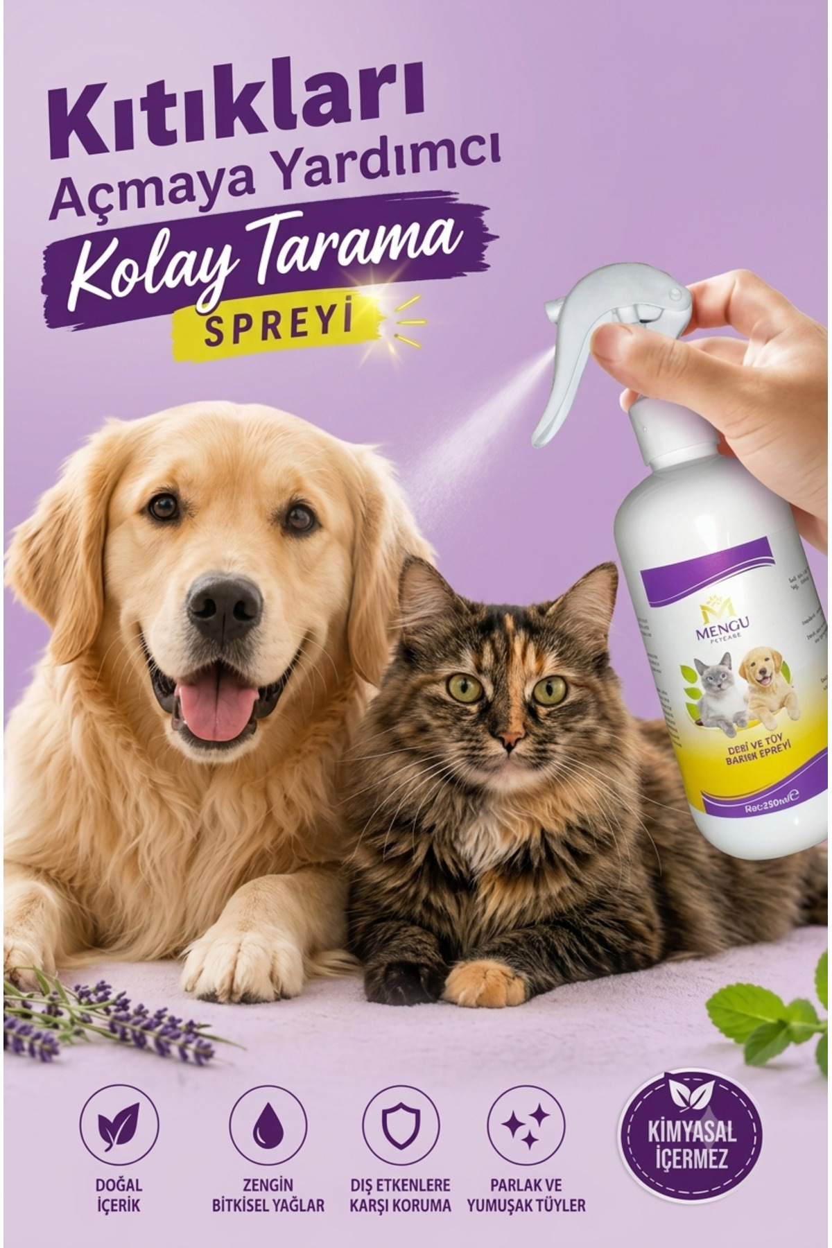 اسپری گیاهی گره‌بازکن و مراقبت از مو و پوست سگ و گربه منگو پت‌کر Mengu Petcare، ۲۵۰ میلی‌لیتر