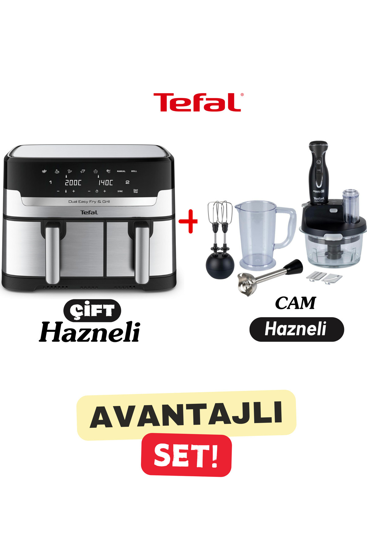 ست مخلوط کن هواکش ممتاز 8.3 لیتری خانواده دو محفظه + کاسه شیشه ای تفالین قوی ترین غذاساز اورجینال TEFAL