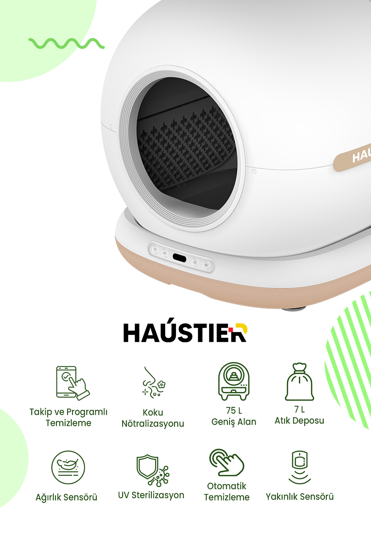 ظرف خاک گربه هوشمند و خودکار هاوستیر Haustier CB001 با کنترل اپلیکیشنی، محفظه داخلی ۷۵ لیتری و مخزن زباله ۷ لیتری، بژ