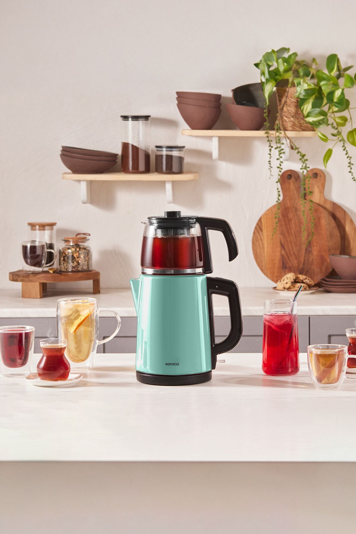 چای ساز لیوان 2 در 1 استیل و کتری آبی مه اورجینال Karaca