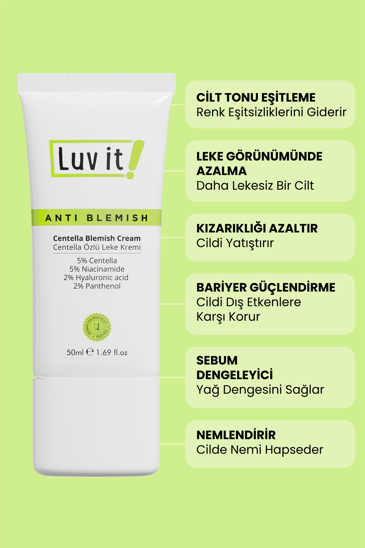 کرم مرطوب کننده ضد لک Centella با هیالورونیک اسید حجم 50 میلی لیتر Luv it!