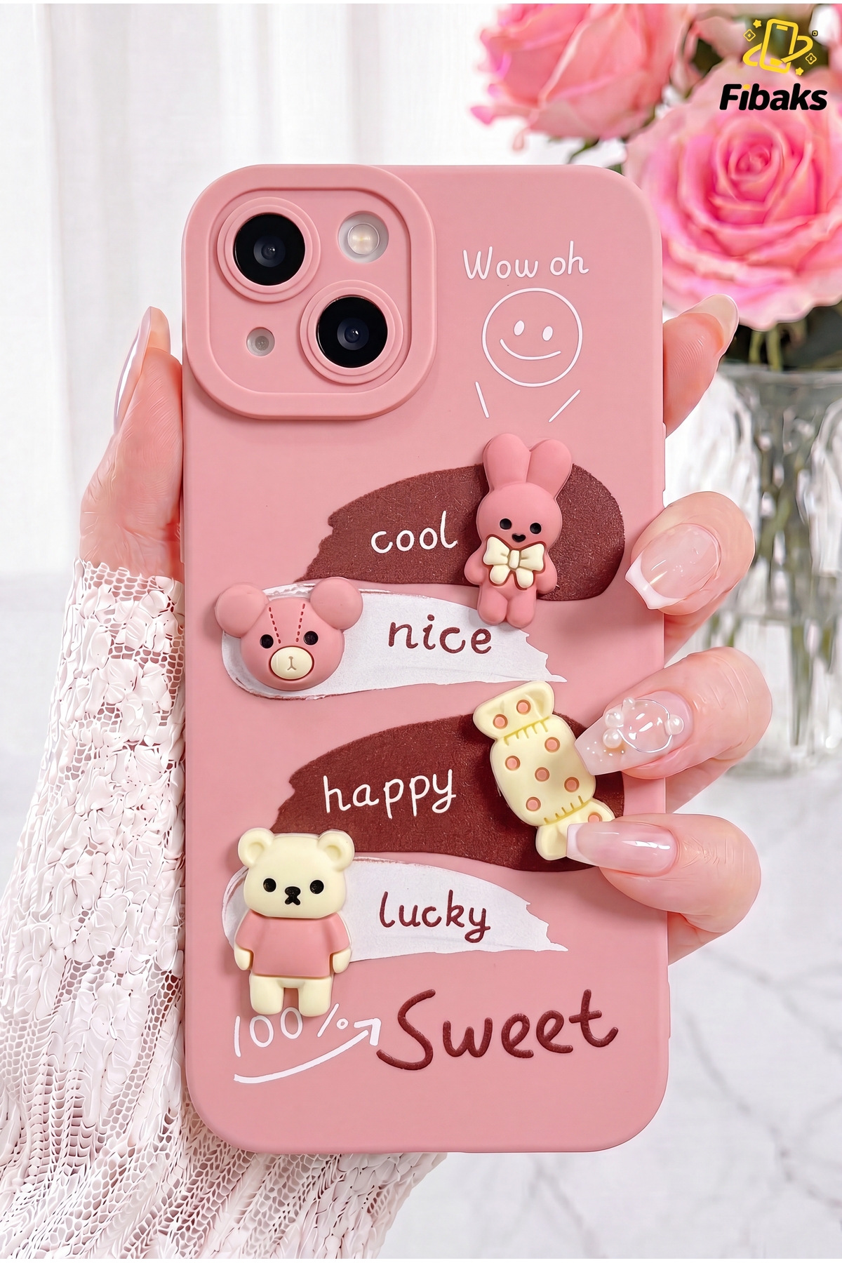 کاور و قاب سازگار با آیفون 15 طرح محافظ دوربین طراحی شده پوشش سیلیکونی نرم RABBIT PINK فیبکس Fibaks