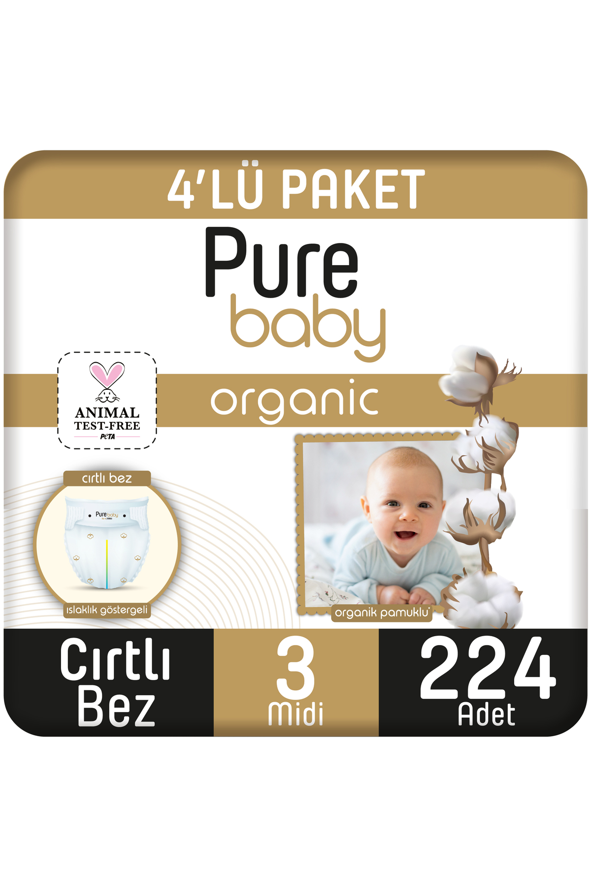 پوشک بچه پارچه مخملی پنبه ای ارگانیک 4 بسته اندازه 3 میدی 224 اورجینال Pure Baby