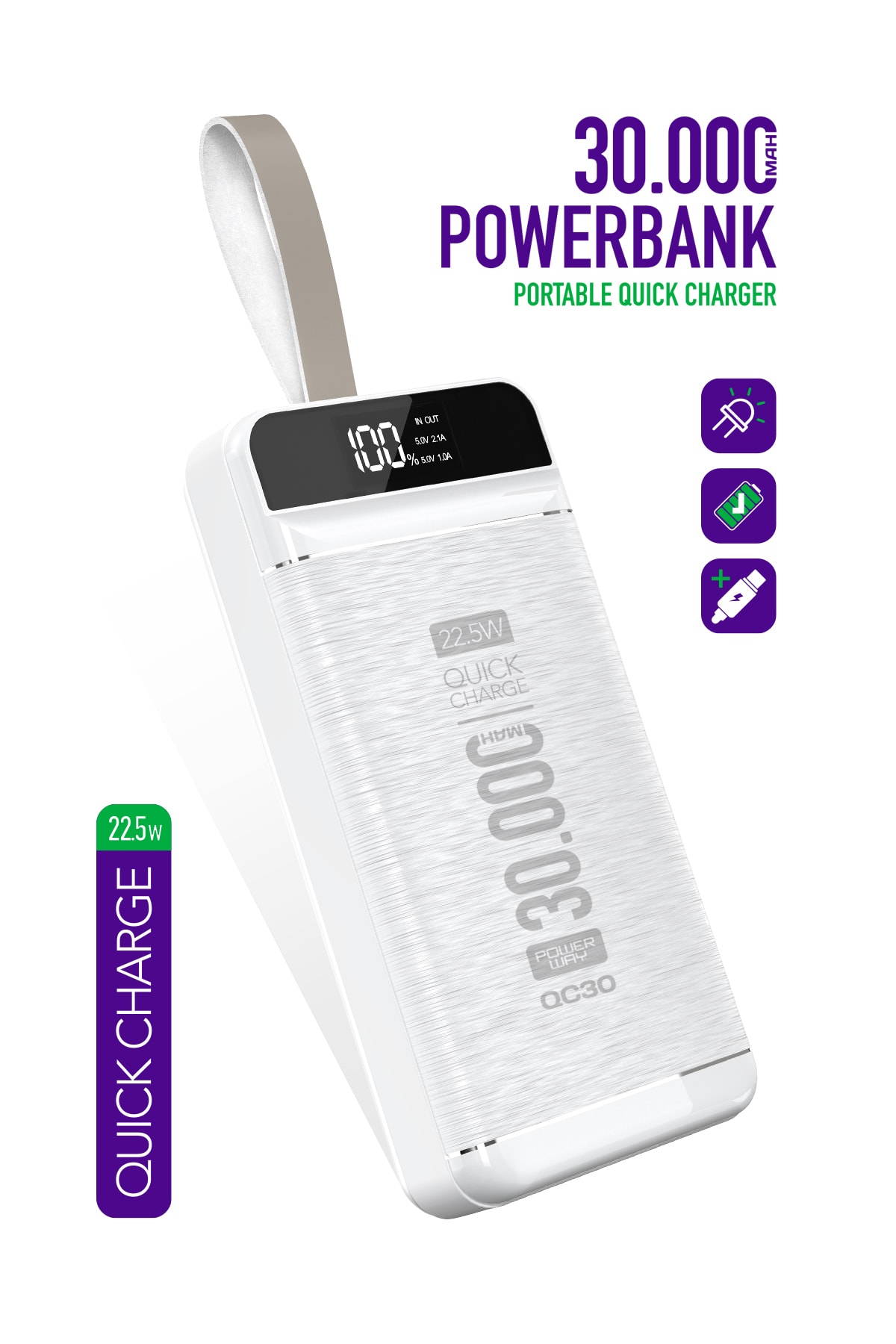 پاوربانک 30.000 میلی آمپر ساعت PD 22.5 وات شارژ سریع واقعی تضمینی چراغ قوه LED دیجیتال QC30 سفید اورجینال Powerway
