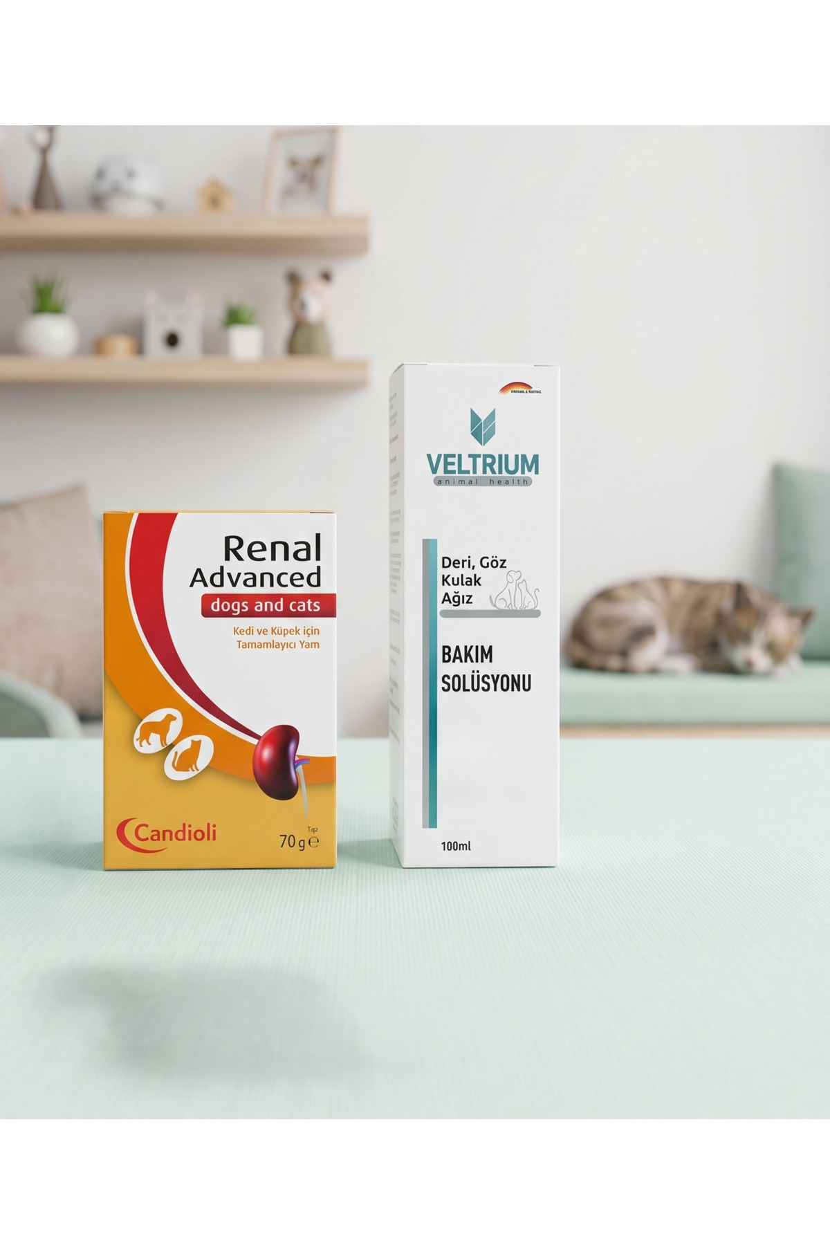 مکمل پودری گربه کاندیولی candioli Renal Advanced همراه محلول مراقبتی VELTRIUM