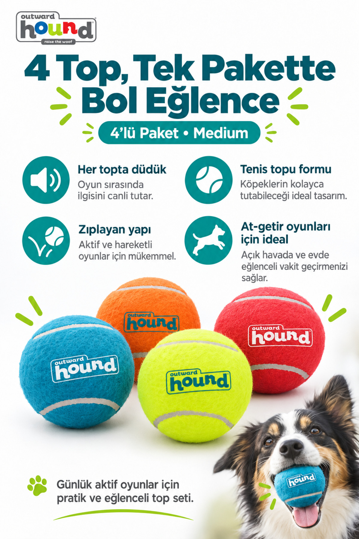 اسباب‌بازی سگ، ۴ توپ تنیس سوت‌دار سایز متوسط، اوت‌وارد هاوند Outward Hound (PG1231) چندرنگ