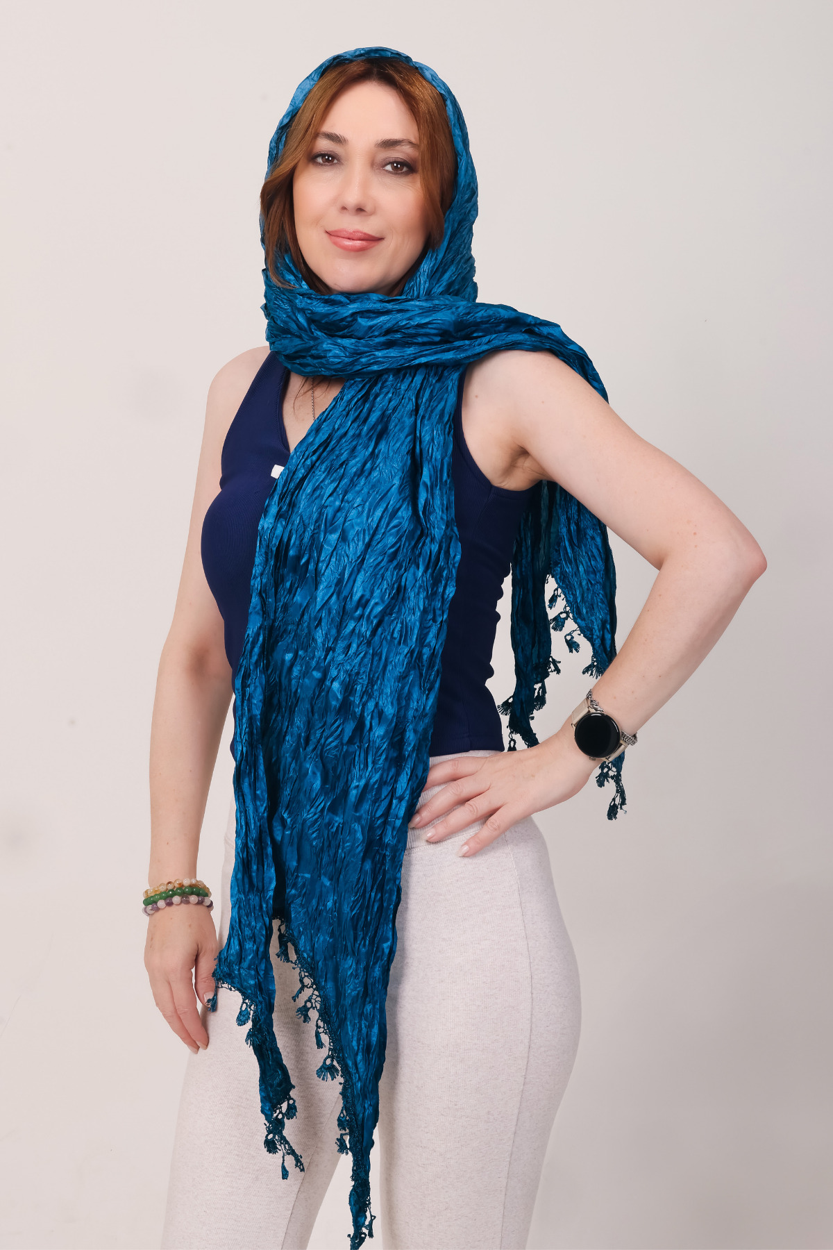 شال ابریشم ساتن میستیک Mystic آبی نفتی کرینکل، مدل MS-523، ۶۸×۱۹۰ سانتی‌متر زنانه