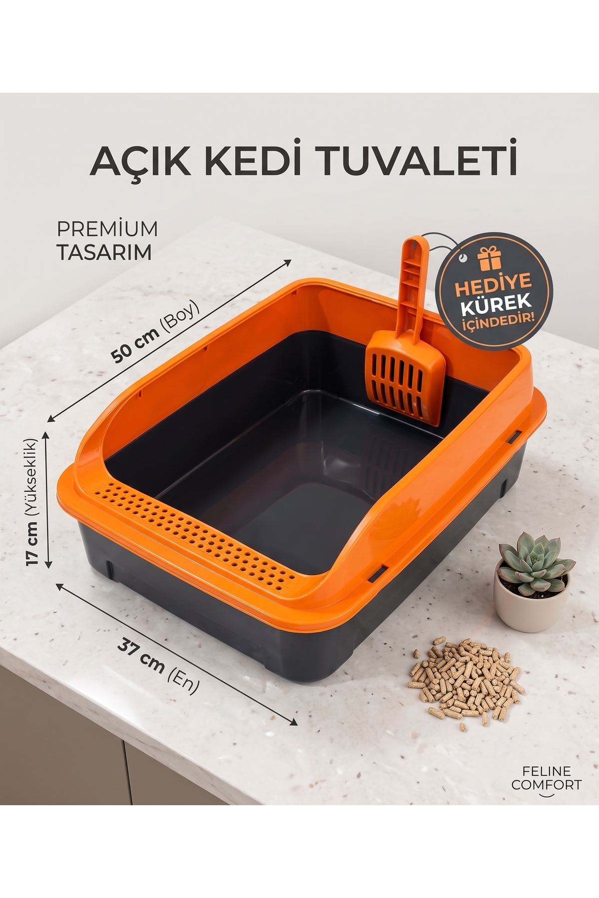 توالت گربه توری میوراپت Miyorapet، سایز متوسط، ۵۰×۳۷×۱۷ سانتی‌متر با بیلچه نارنجی