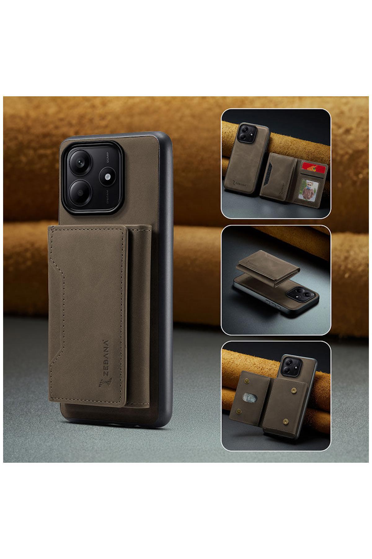 کاور و قاب چرمی ZEBANA 2IN1 ELITE کلاس سازگار با 5G شیائومی REDMI NOTE 14 کیف پول قهوه ای تیره اورجینال Zebana