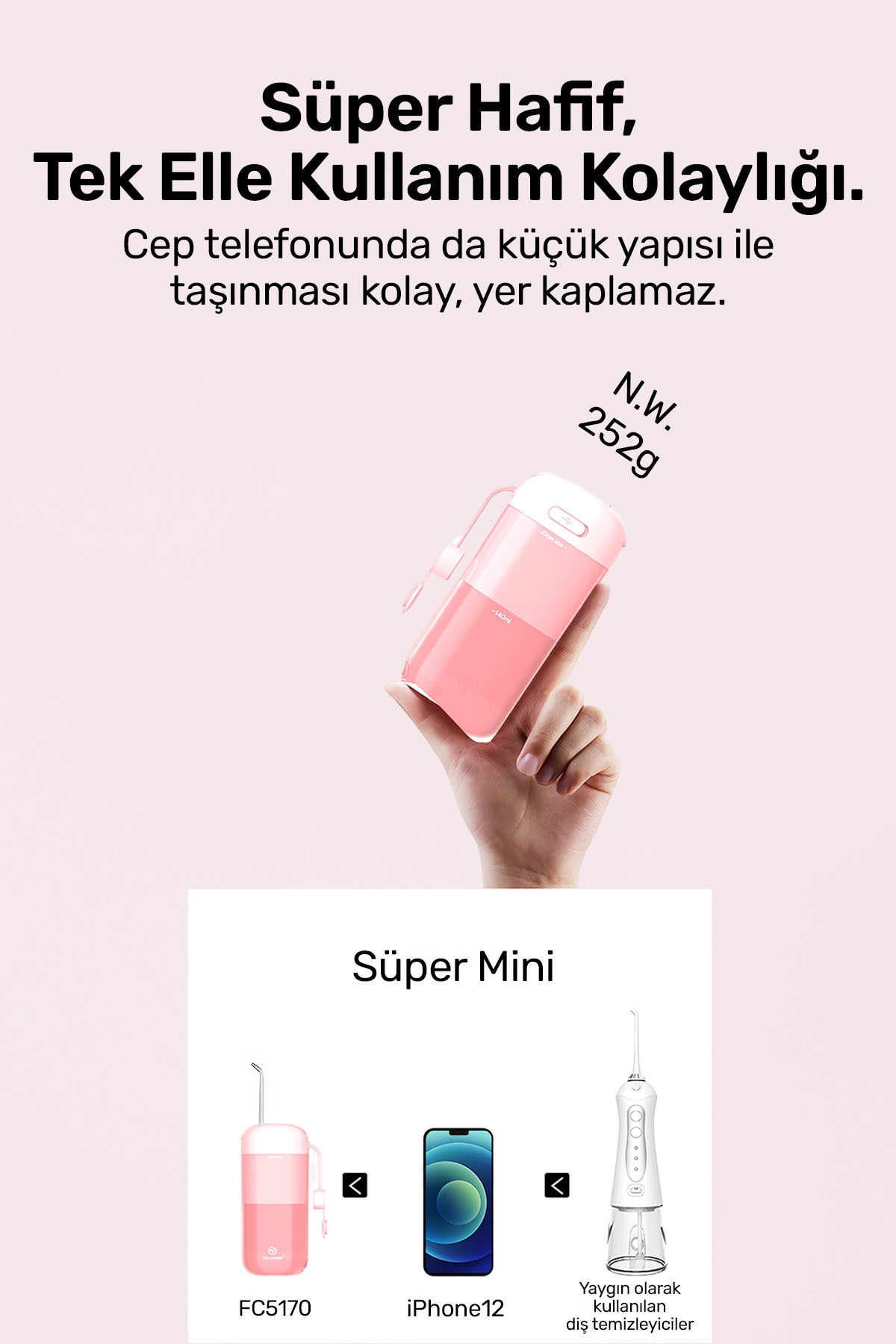 مسواک شارژی NICEFEEL FC5170 MINI قابل حمل شارژ بریس مراقبت از دندان مصنوعی و شستشوی دهان حرفه ای صورتی اورجینال NPO