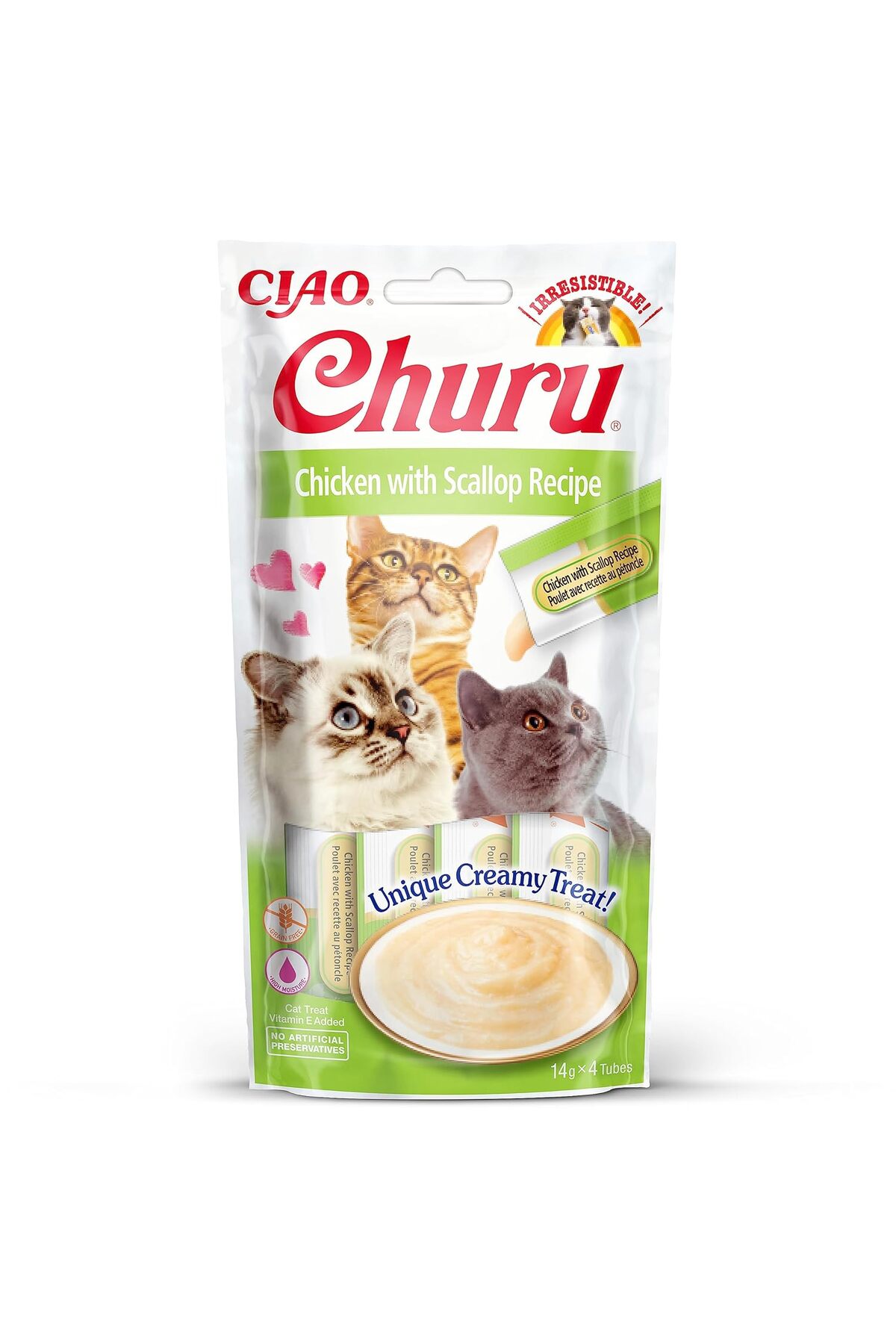 تشویقی پوره‌ای لیسیدنی گربه اینابا Inaba، سری Churu، مرغ و اسکالوپ، ۴ تیوب ۱۴ گرمی