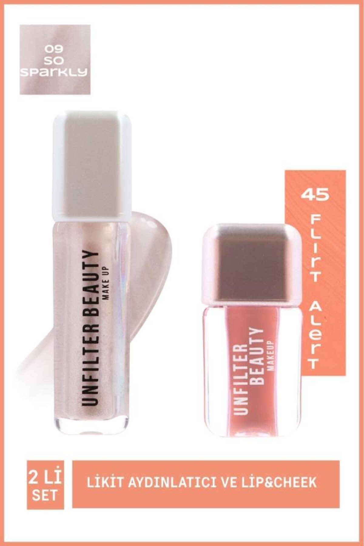 ست آرایشی لیپ‌اند‌چیک 45 Flirt Alert و هایلایتر مایع 09 So Sparkly آنفیلتر بیوتی Unfilter Beauty صورتی