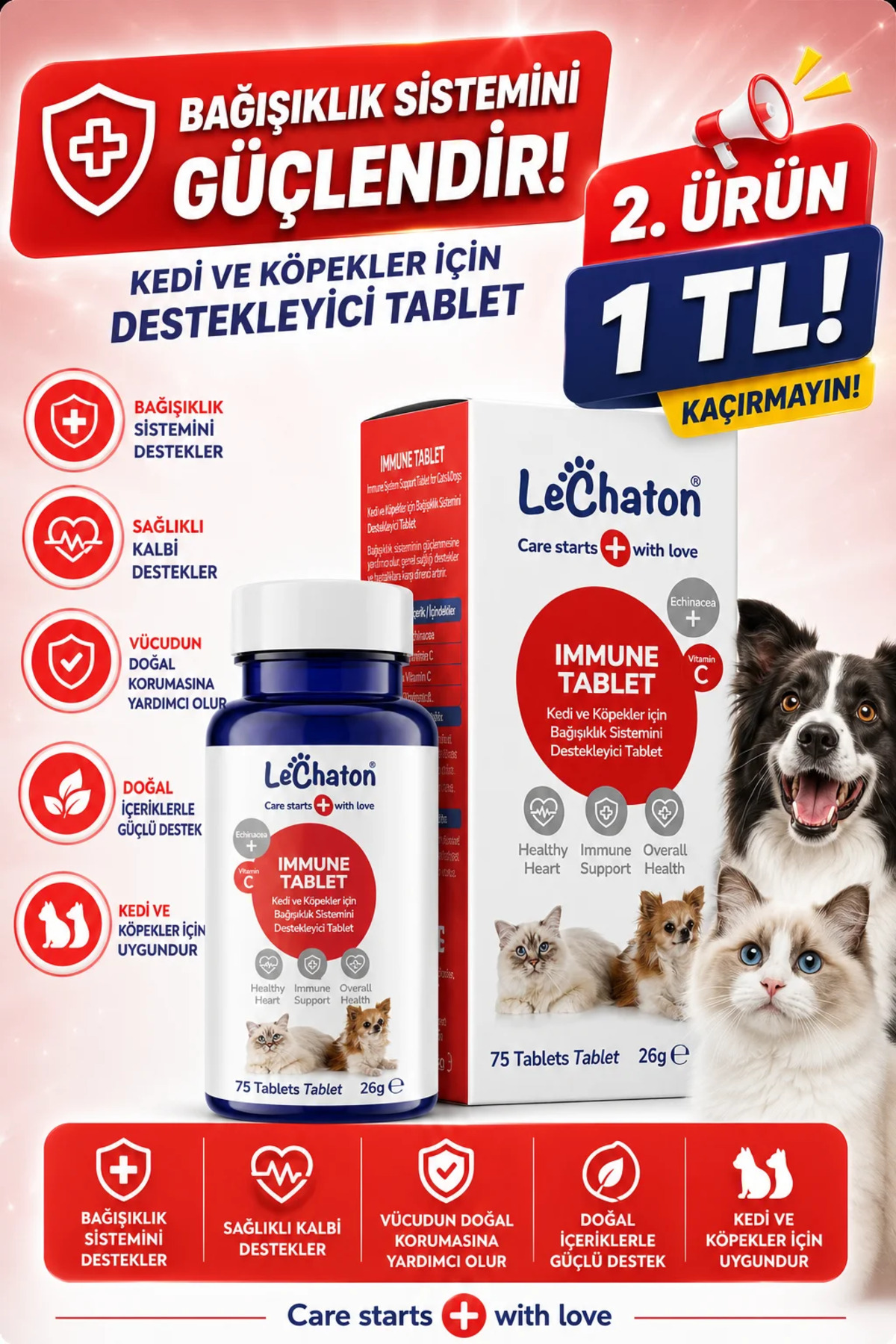 قرص تقویت‌کننده ایمنی گربه و سگ لوچاتون پت کر LeChaton Pet Care Premium Immune C