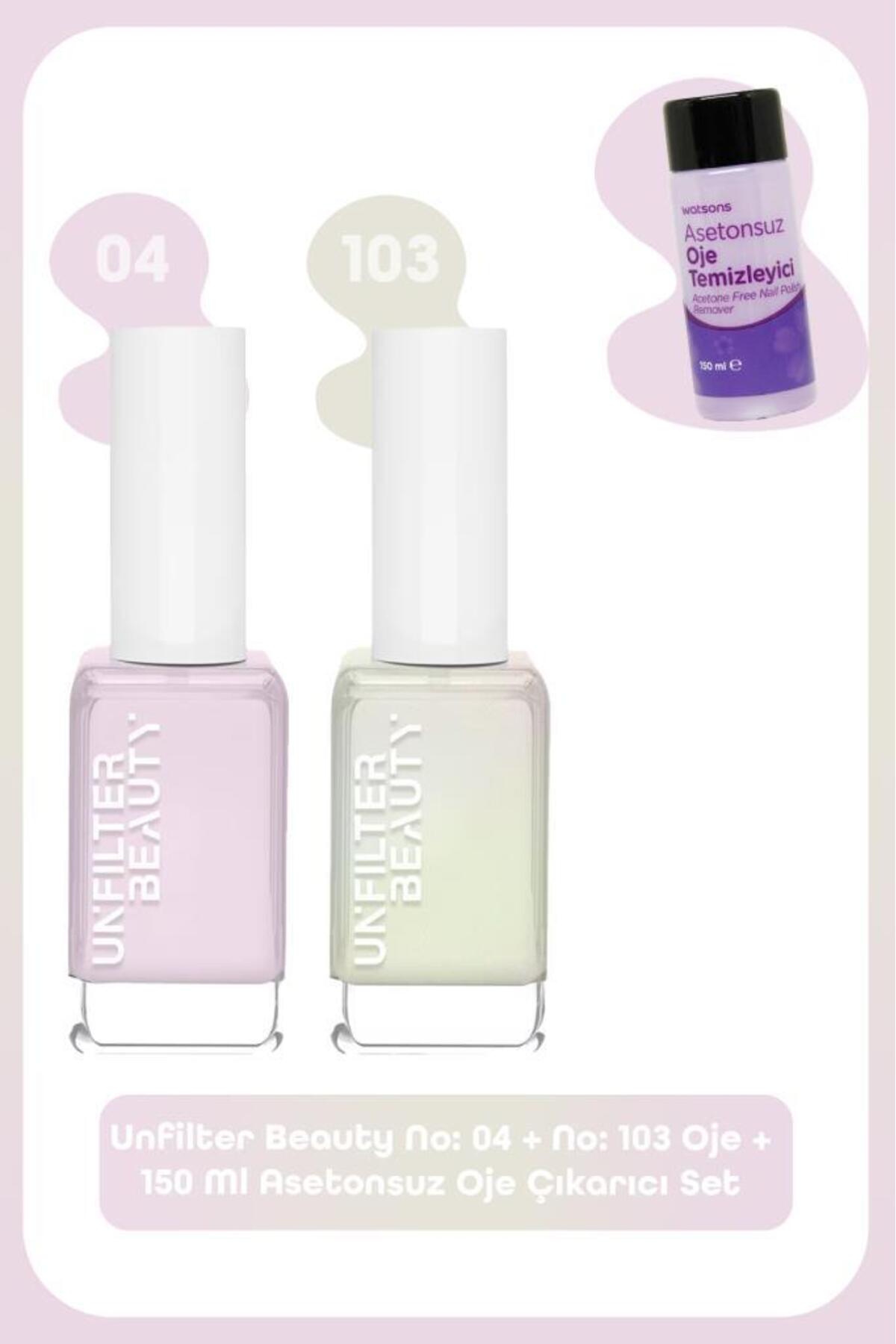 ست دو لاک ناخن و پاک‌کننده لاک آنفیلتر بیوتی Unfilter Beauty، کدهای No: 04 و No: 103، پاک‌کننده ۱۵۰ میلی‌لیتری بدون استون بنفش