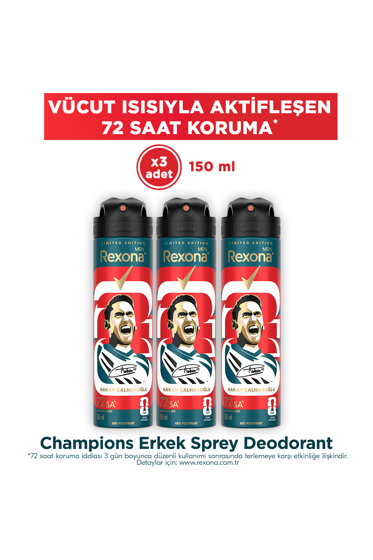 اسپری مردانه دئودورانت Champions قهرمان 72 ساعته بدون وقفه پک ۳عددی ۱۵۰میلی رکسونا Rexona