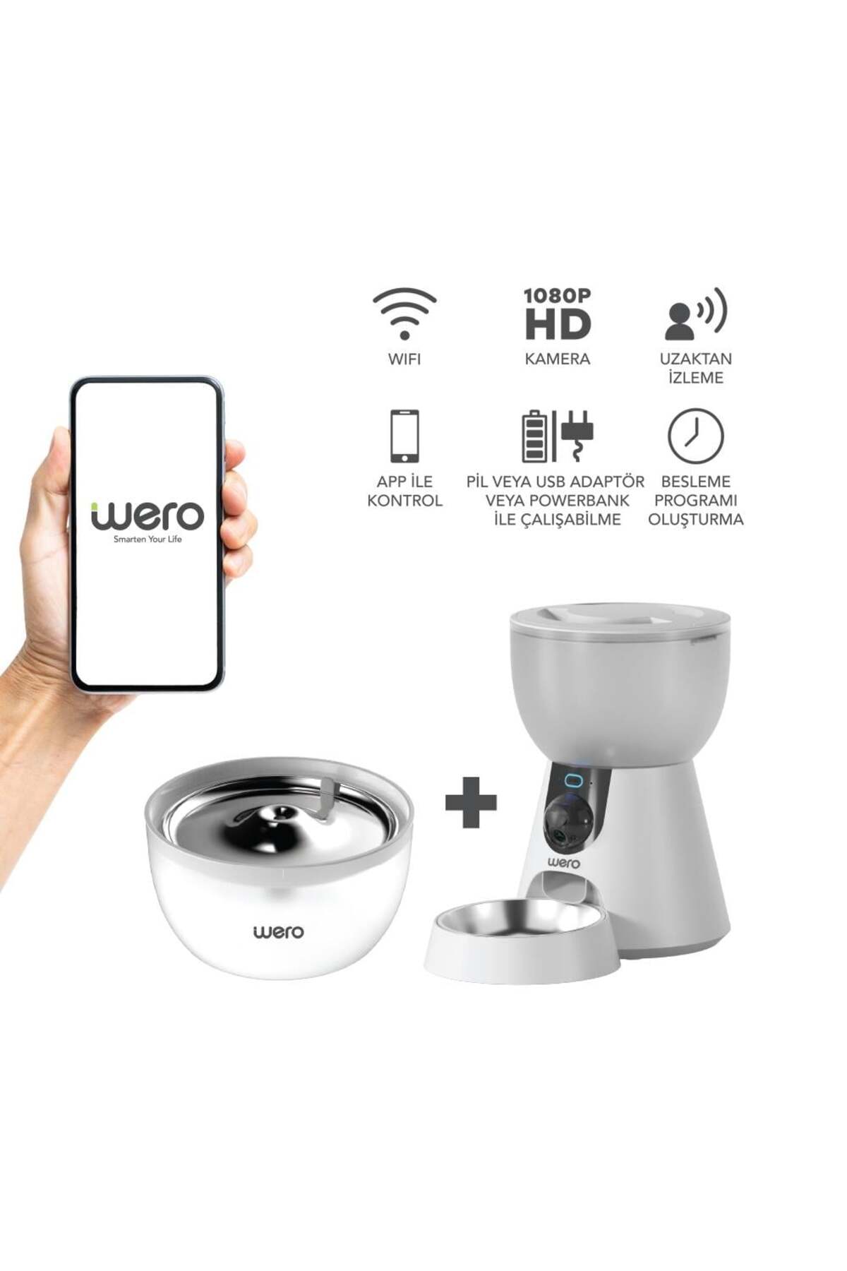 ست هوشمند خودکار غذادهی و آبخوری گربه و سگ وِرو Wero مدل FW2-C، دوربین‌دار و Wi-Fi