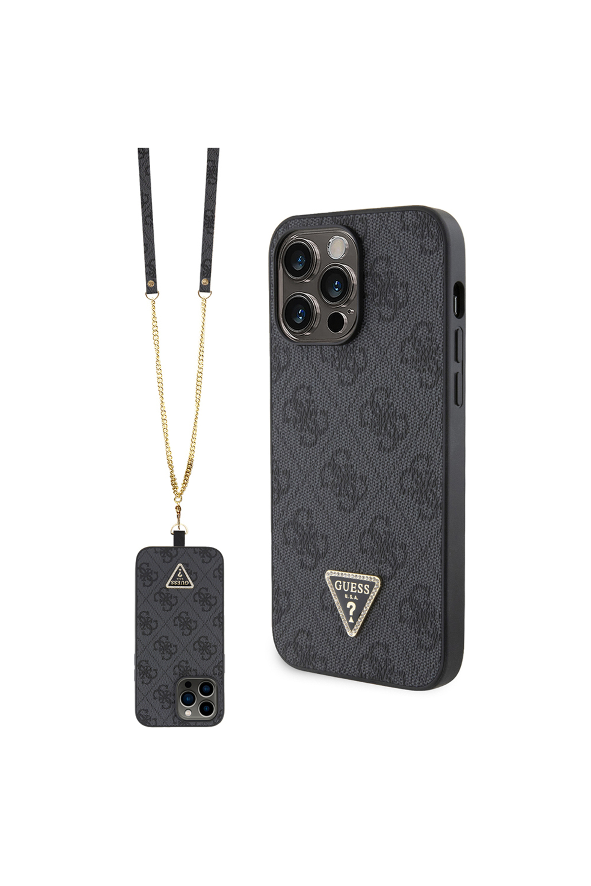 کاور و قاب IPHONE 14 PRO MAX CASE GUESS LICENSED PU چرمی STONED METAL TRIANGLE LOGO بند بدنه متقاطع مشکی اورجینال Guess