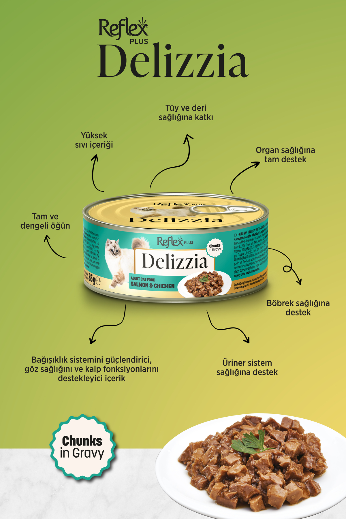 غذای کنسروی گربه بالغ رفلکس Reflex Plus Delizzia، سالمون و مرغ در سس، ۸۵ گرم × ۱۲ عدد
