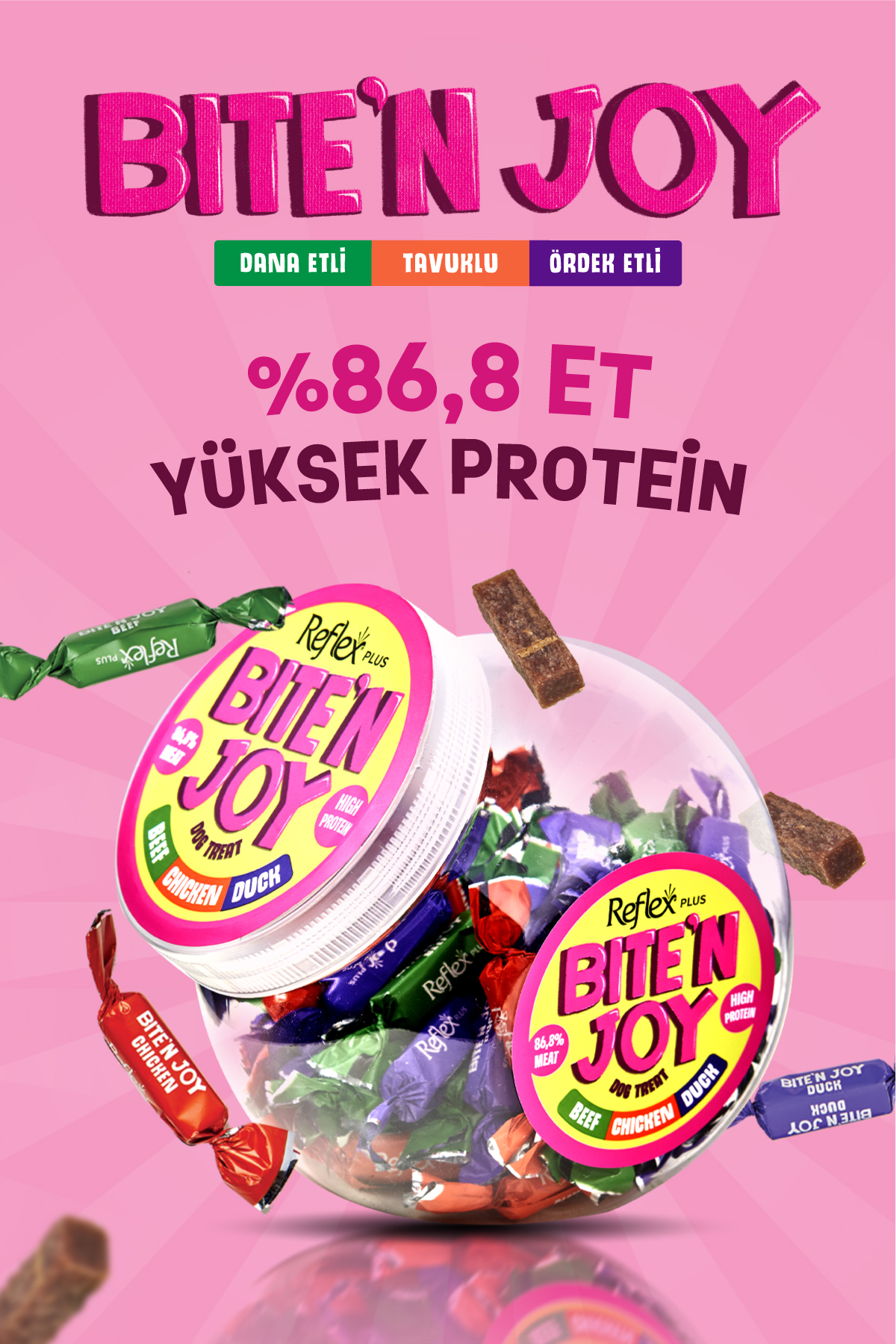 تشویقی سگ رفلکس Reflex Plus Bite'n Joy با طعم گوشت گاو، مرغ و اردک، ۲۵۰ گرم