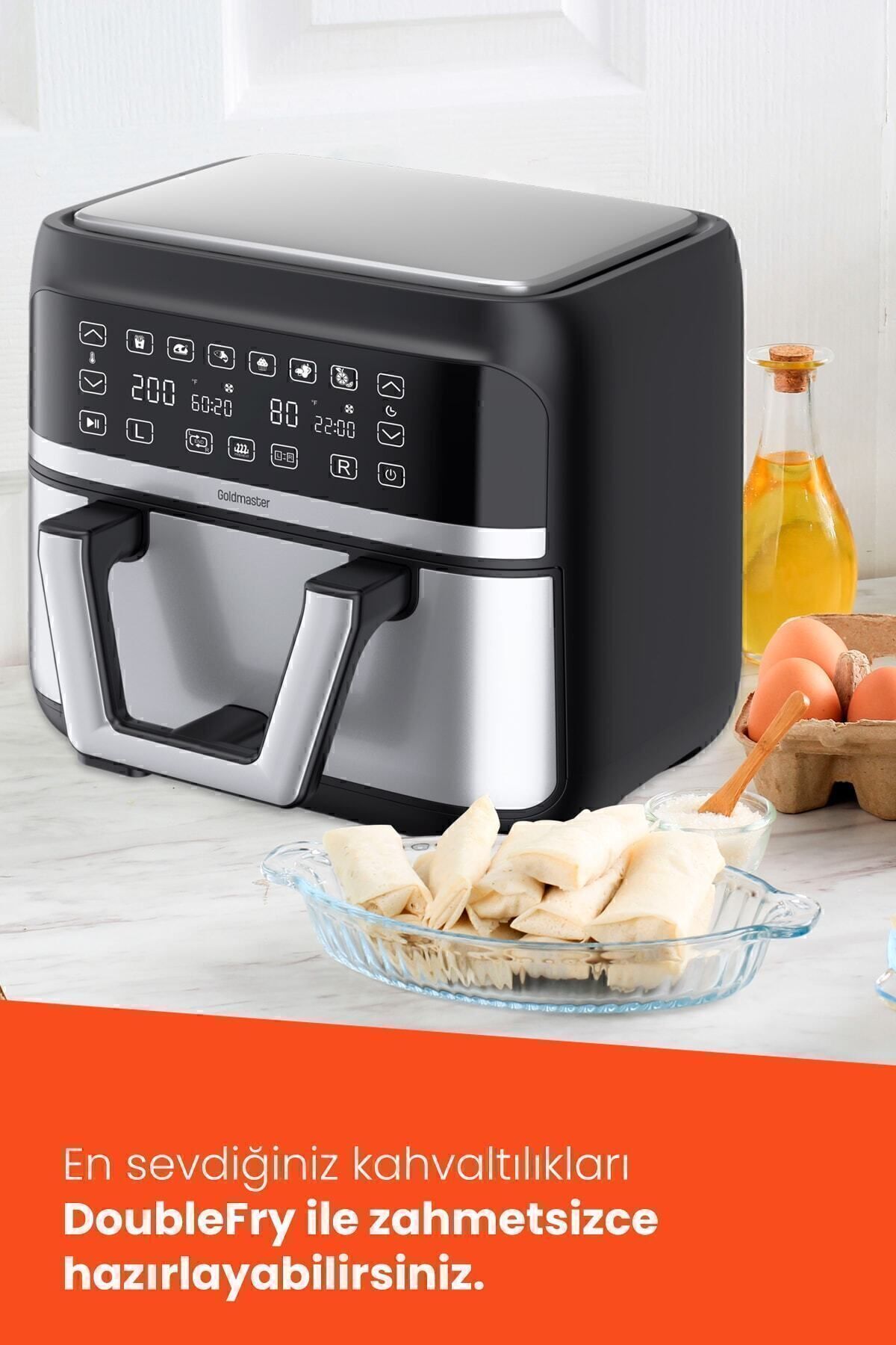 سرخ کن هوای داغ بدون روغن DOUBLEFRY 2850W 9 لیتری 3XL غول پیکر تک و دو محفظه لمسی اورجینال GoldMaster