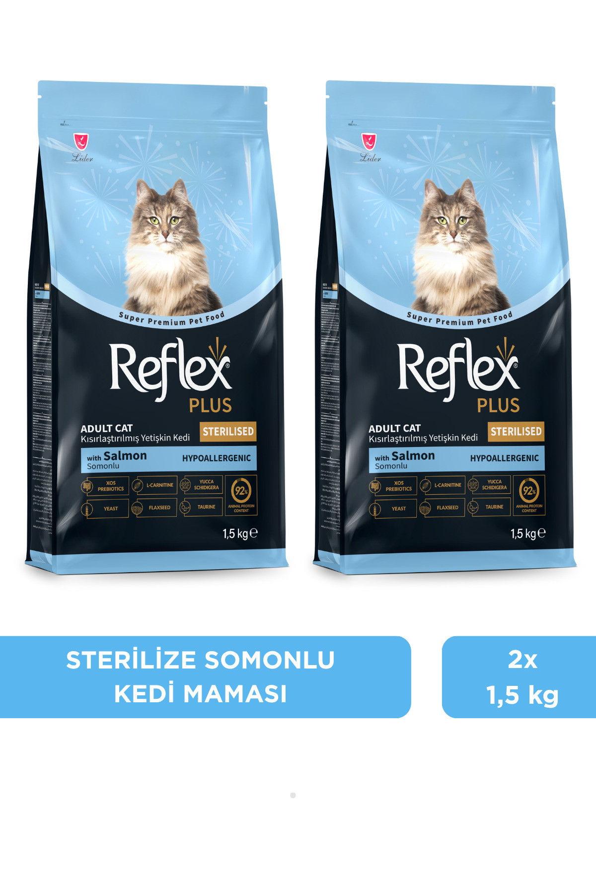 غذای خشک گربه بالغ عقیم‌شده رفلکس Reflex Plus با طعم سالمون، ۱٫۵ کیلوگرم × ۲ بسته 1,5 kg