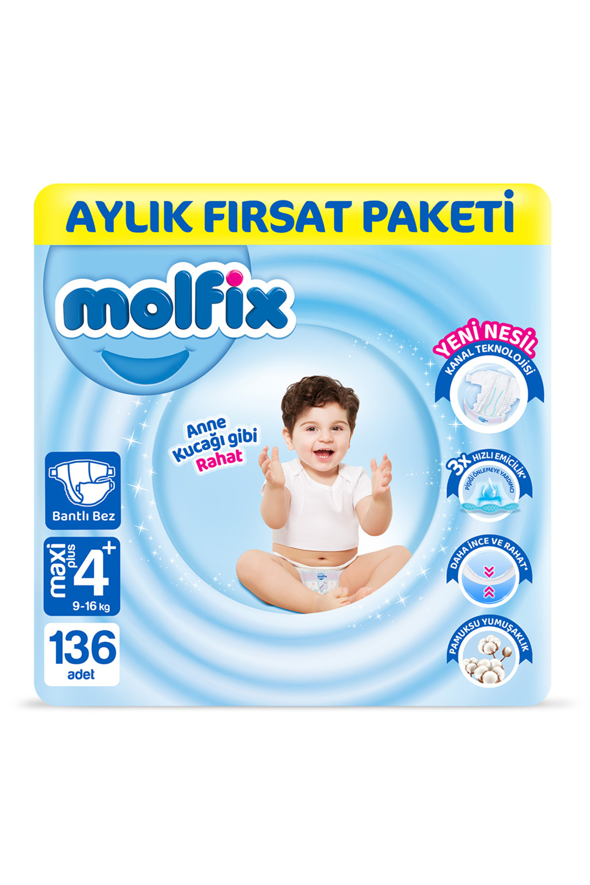 پوشک بچه 4+ سایز MAXI PLUS بسته فرصت ماهانه 136 عدد اورجینال Molfix