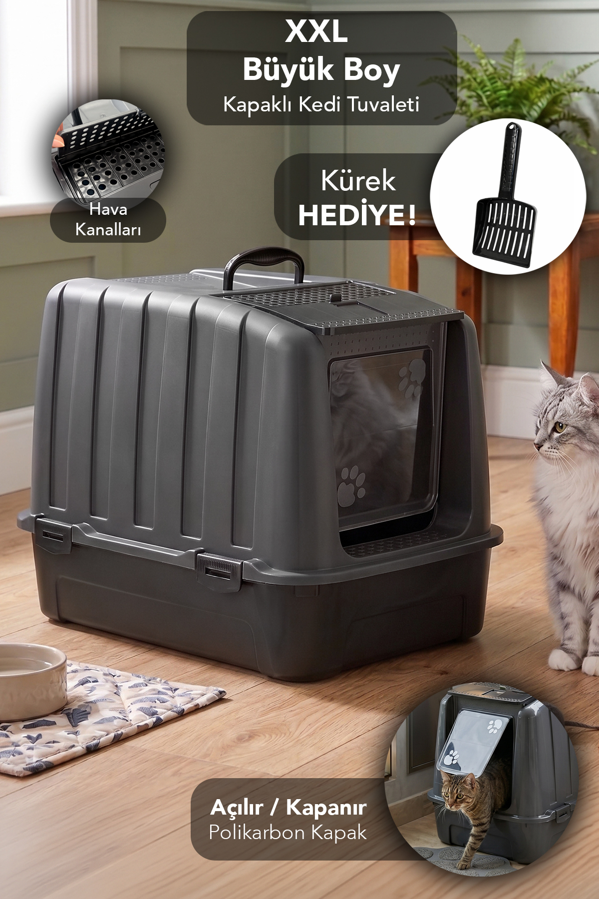 توالت سرپوشیده گربه ملنی هوم Meleni Home مدل MCH-4185، XXL، مشکی، ۵۲×۳۸×۳۹ سانتی‌متر