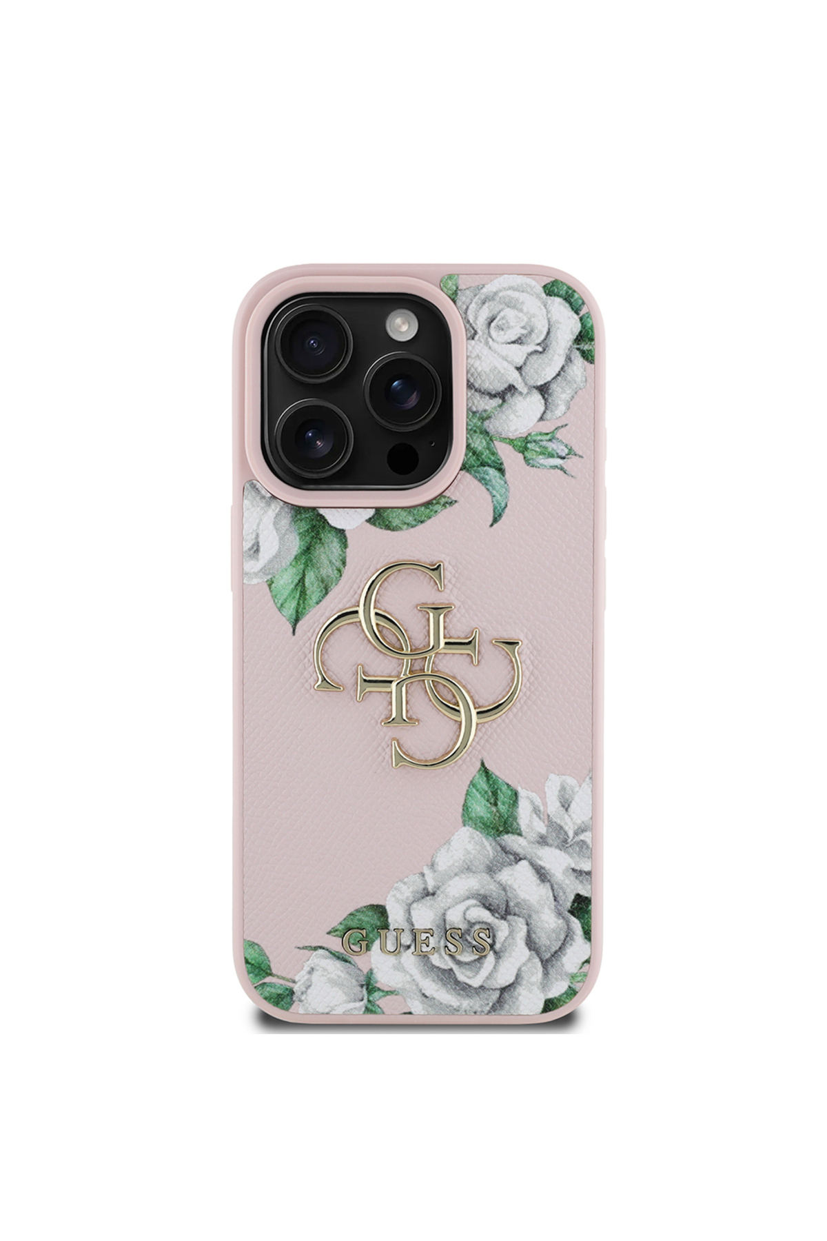 کاور و قاب IPHONE 16 PRO CASE GUESS LICENSED سفید ROSE PRINTED LARGE 4G METAL LOGO COVER PINK اورجینال Guess