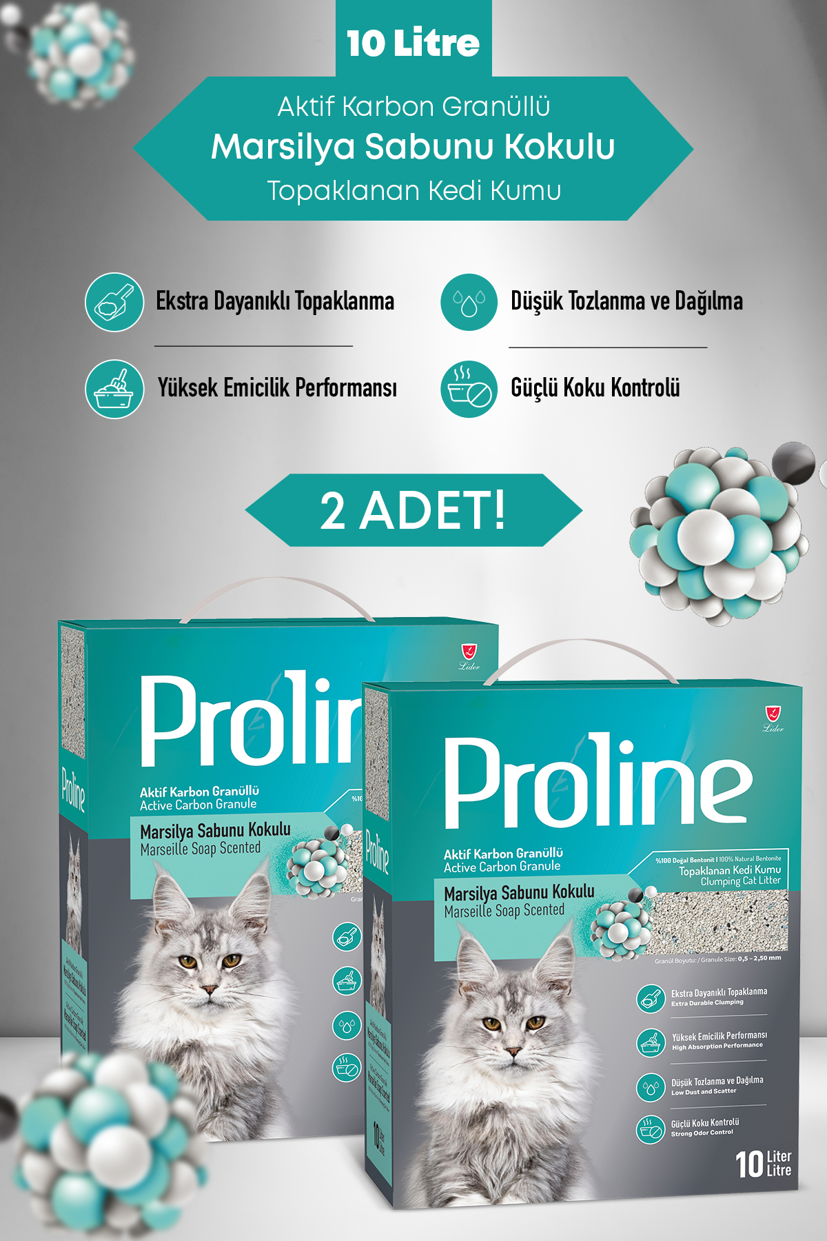 خاک گربه بنتونیتی پرولاین Proline با دانه‌های کربن فعال و رایحه صابون مارسی، ۲×۱۰ لیتر