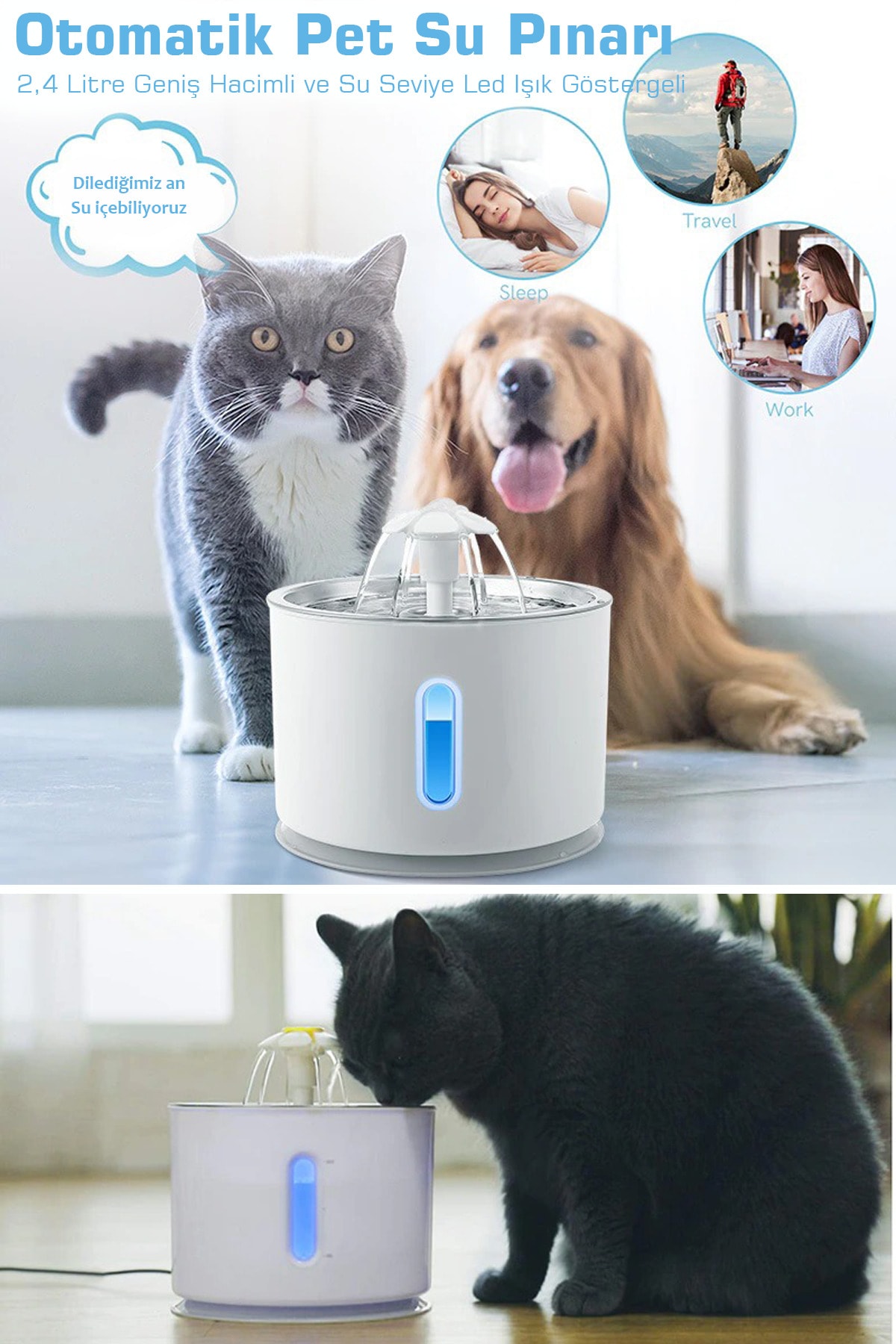 آبخوری فواره‌ای خودکار تکنوجت Technojet برای گربه و سگ، ۲٫۴ لیتر، USB و نشانگر LED