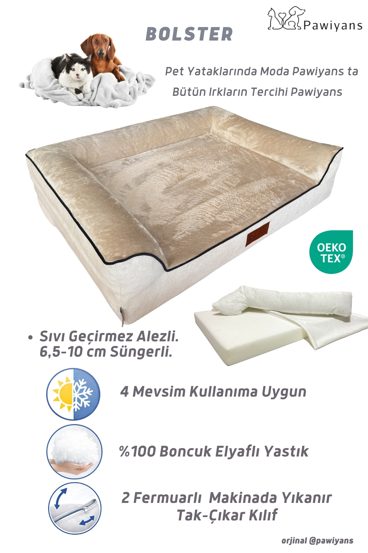 تخت سگ پاویانس PAWİYANS با فوم، محافظ ضدنفوذ مایعات و روکش قابل شست‌وشو چندرنگ