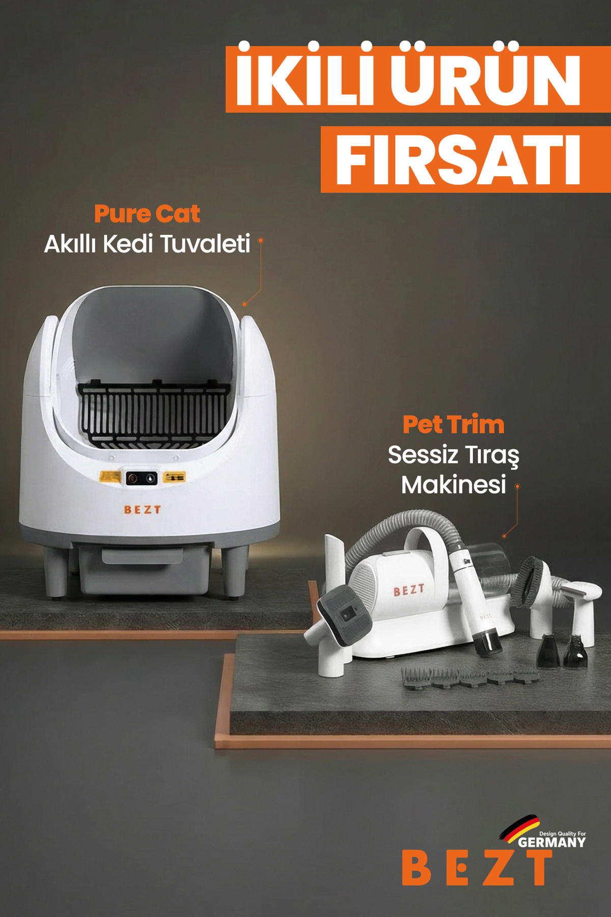 مجموعه توالت هوشمند خودکار گربه Pure Cat و ست مراقبت کم‌صدای Pet Trim از بزت Bezt، مدل BZT-PET18
